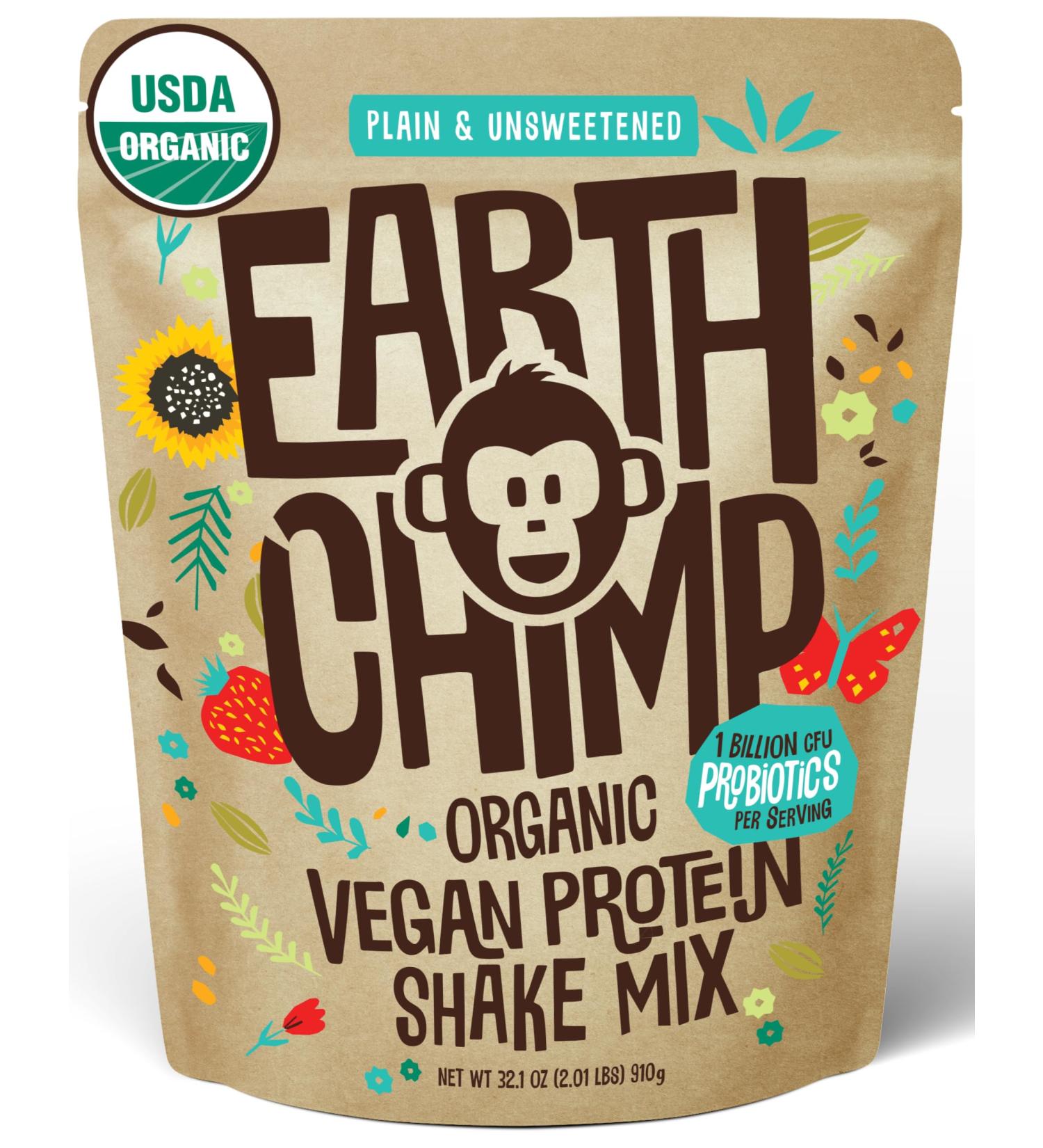 EarthChimp Organic Vegan Protein Powder - with Probiotics - Non GMO Dairy Free Non Whey Plant Based Protein Powder for Women and Men Gluten Free - 26 Servings 32 Oz (Plain & Unsweetened) Plain & Unsweetened 26 Servings  - Buy Online on GoSupps.com