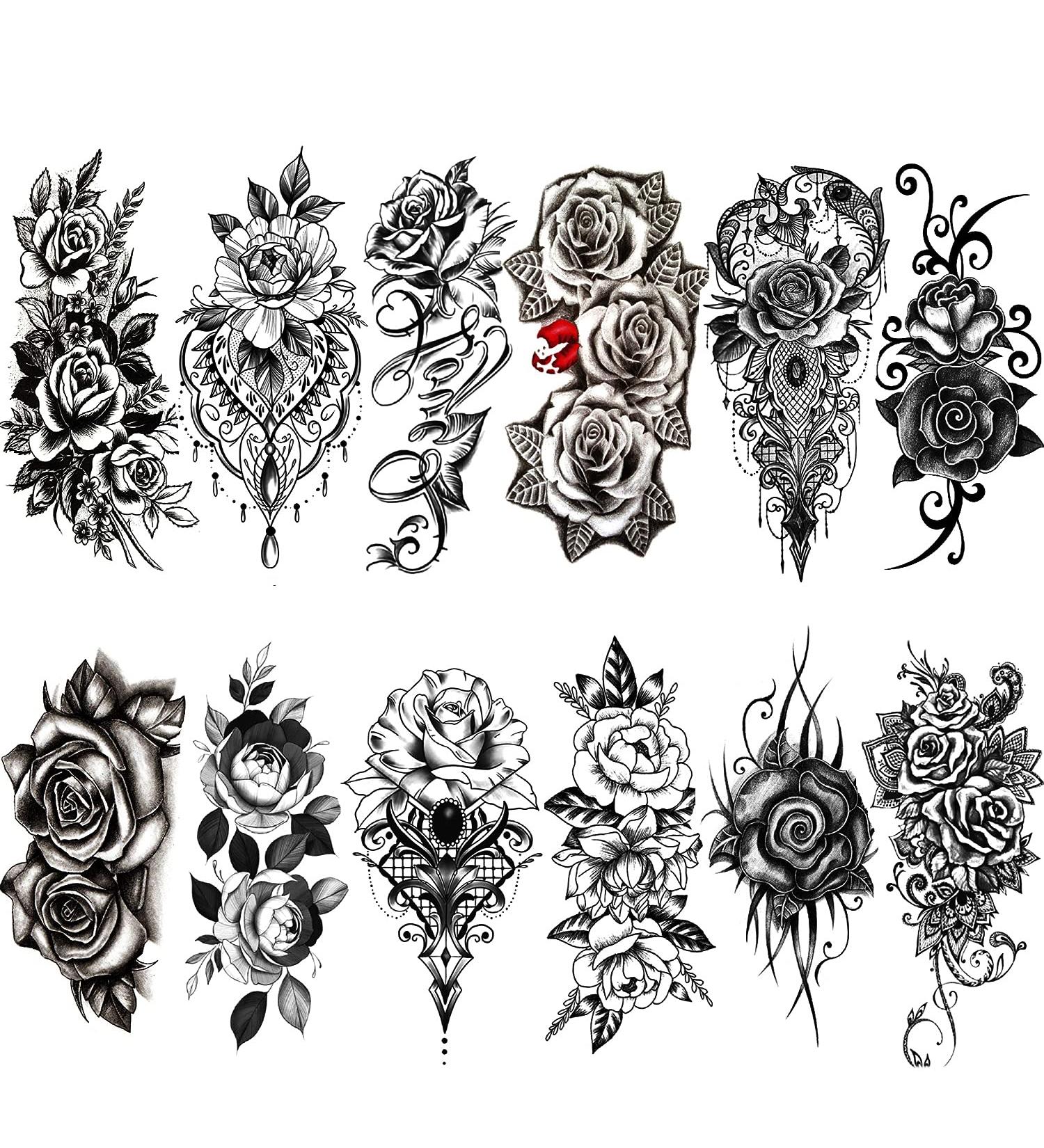 Kotbs 3D Black Flower Rose Petal Temporary Tattoos for Women - Waterproof Beauty Fake Tattoos (12 Sheets) - Buy Online on GoSupps.com