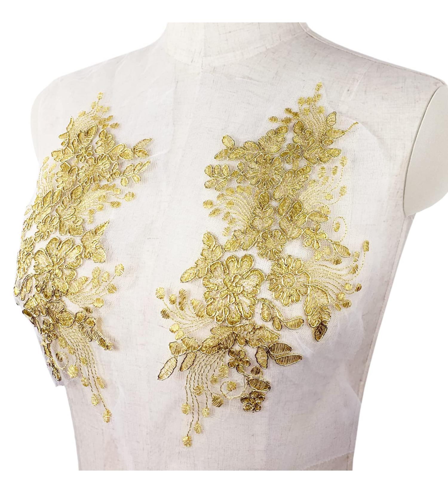 2pcs Gold Flower Embroidery Lace Applique Sew on Patches for Wedding Dress & Costume DIY - Buy Online on GoSupps.com