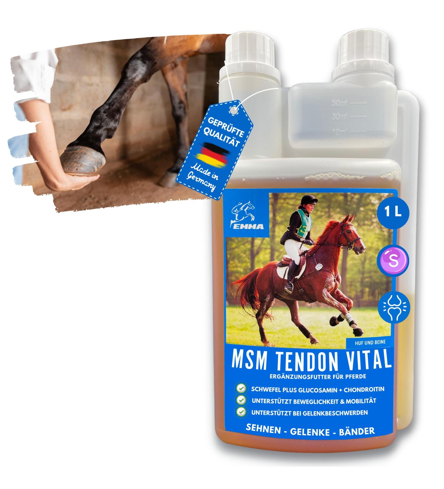 Buy Emma MSM Horse Joint Liquid 1L - High-Dose MSM Glucosamine & Chondroitin for Healthy Joints & Movement | International Shipping Available - Buy Online on GoSupps.com