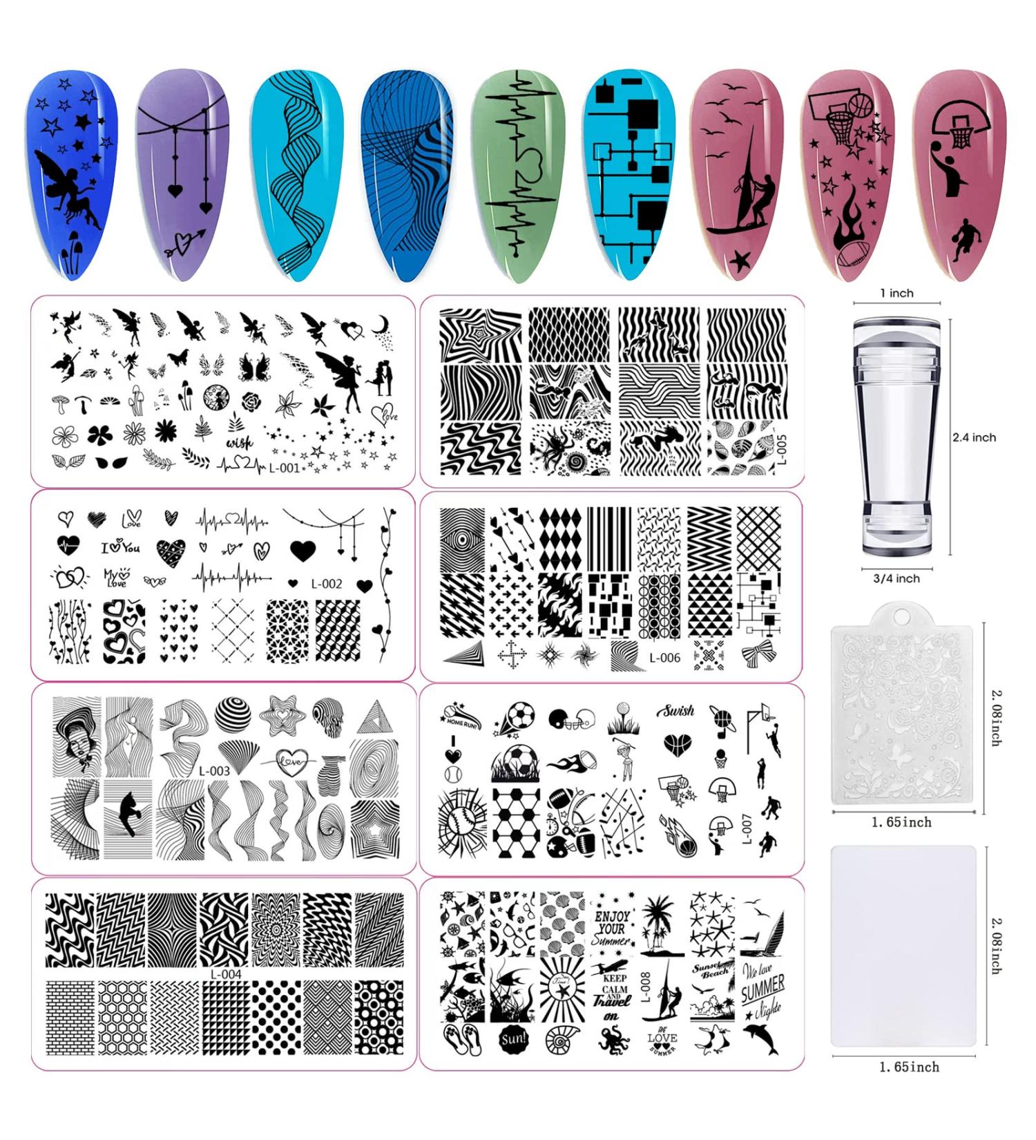 LIZIF Nail Stamping Plate Kit - Nail Stamper with 8 Art Stamp Plates, 2 Scrapers, DIY Nail Art Template - Buy Online on GoSupps.com