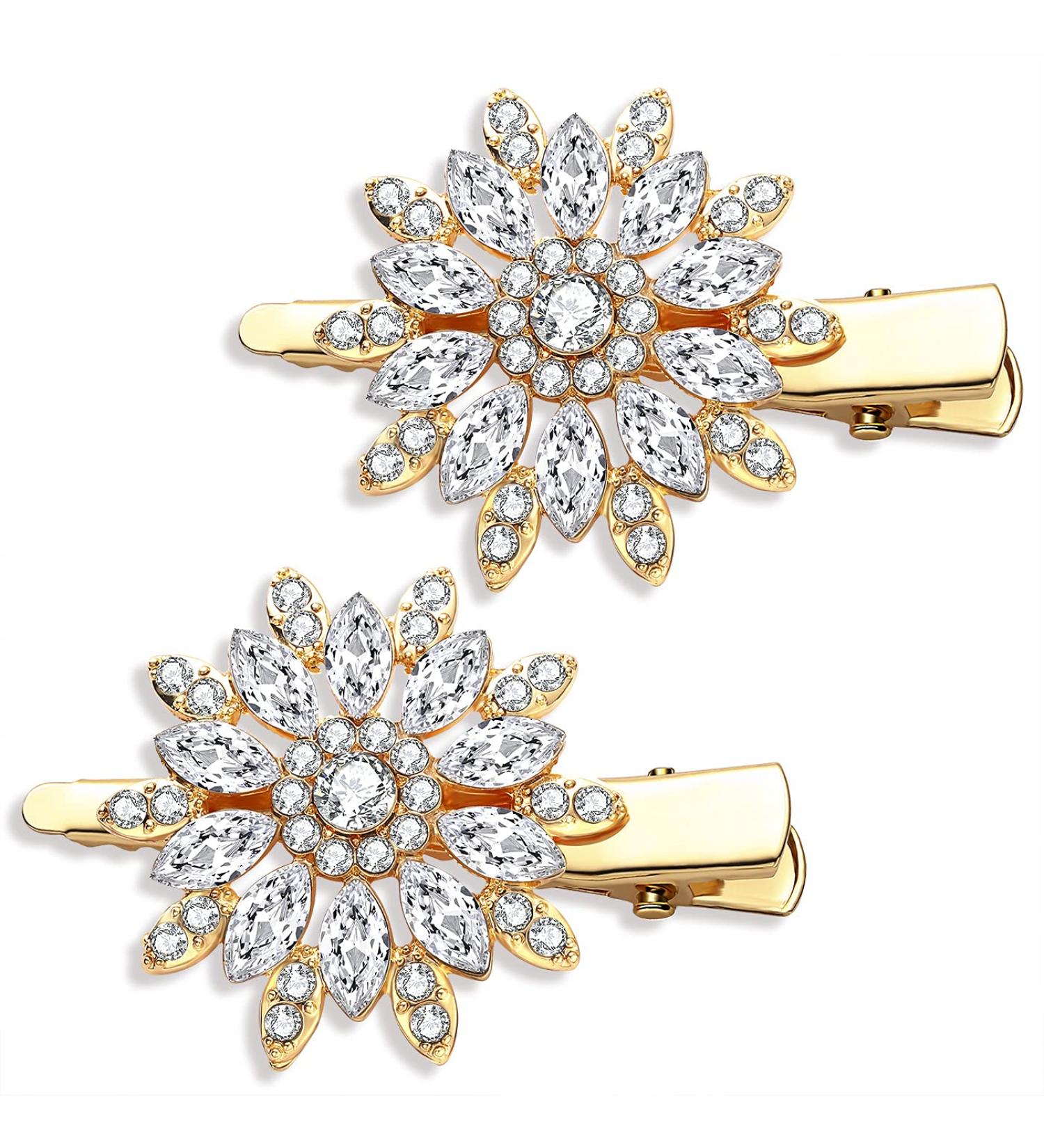 Large Sparkle Rhinestone Flower Hair Clip - Non-Slip Gold Hairpin for Women and Girls - Buy Online on GoSupps.com