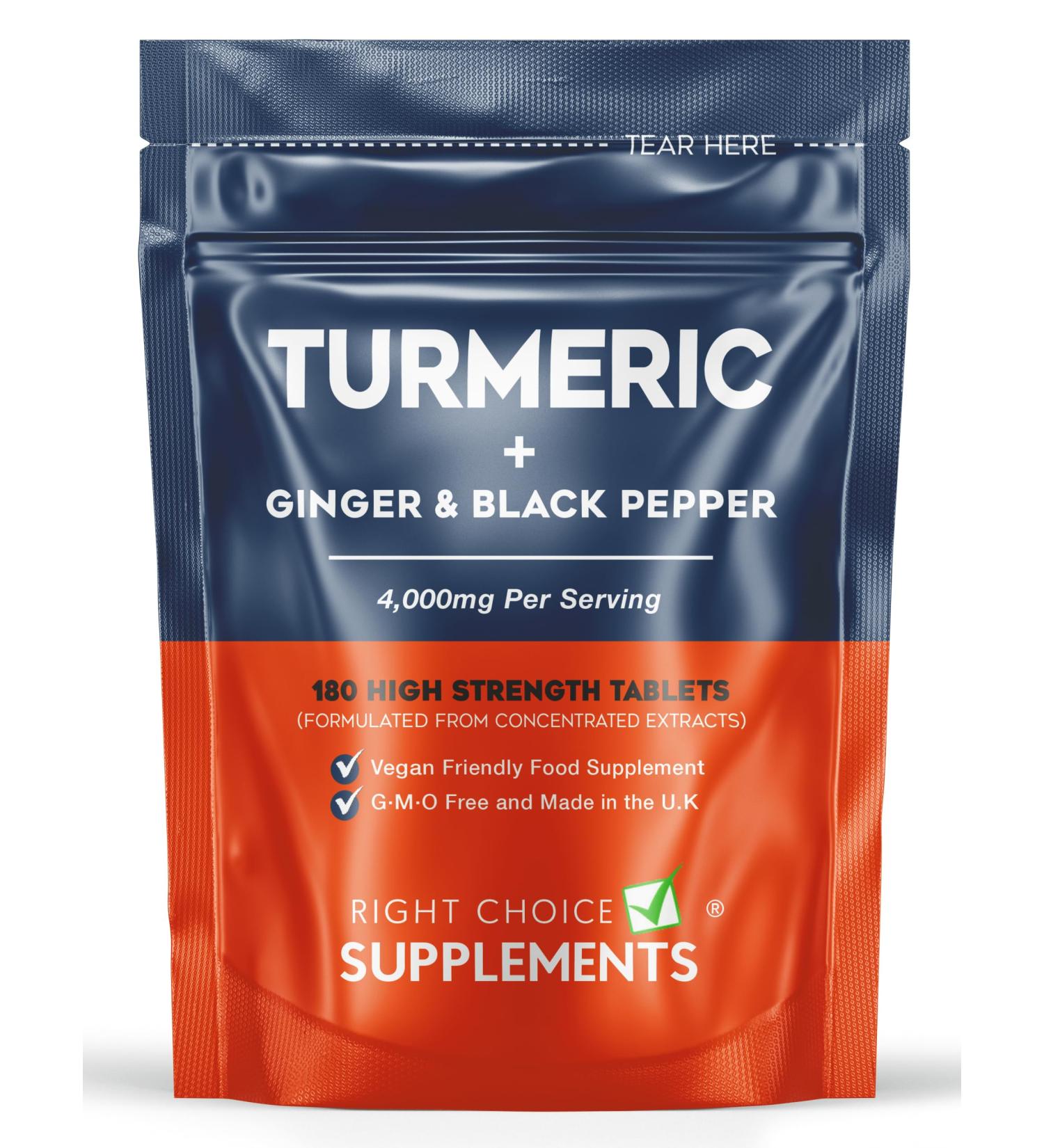 Turmeric Tablets 2400mg with Black Pepper & Ginger | 180 High Strength Curcumin Supplements | Vegan & Gluten Free | UK Made - Buy Online on GoSupps.com