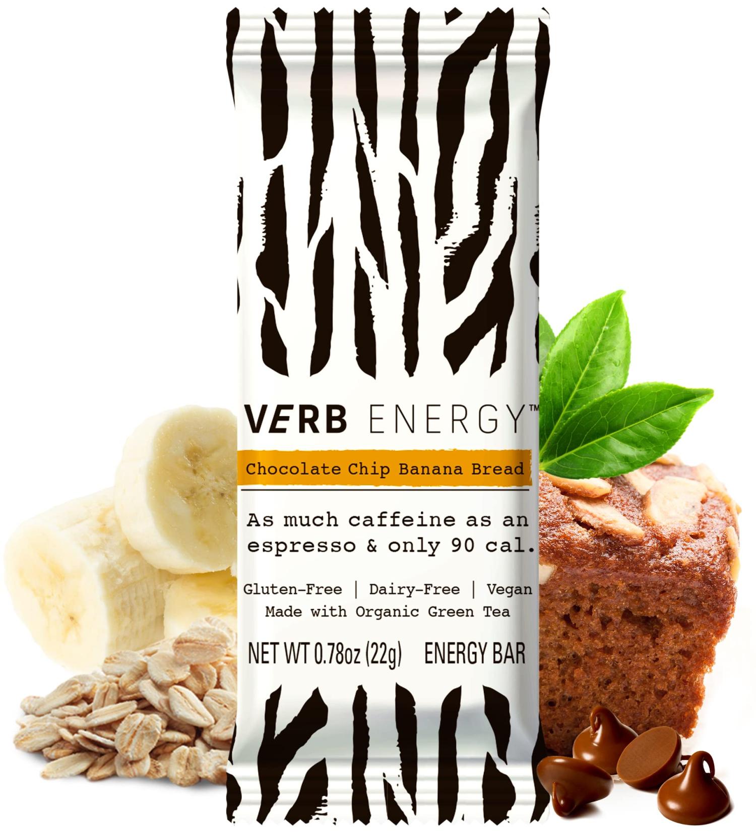 Verb Chocolate Chip Banana Bread Caffeinated Energy Bars - 90-Calorie Low Sugar Vegan Snack with Organic Green Tea - Gluten Free Nutrition Bars - Pack of 12 - Buy Online on GoSupps.com