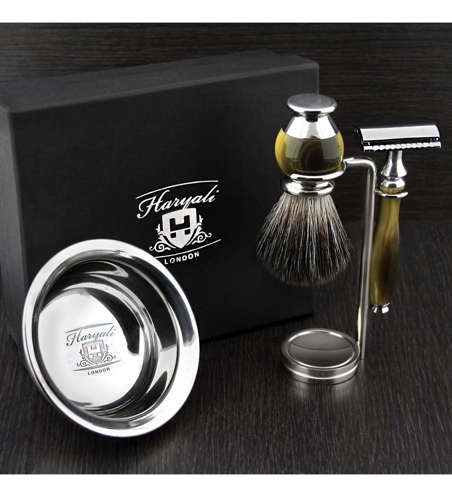 Premium HARYALI LONDON Men's Shaving Set - Simulated Horn & Nickel | Safety Razor & Synthetic Brush | Perfect for Grooming - Buy Online on GoSupps.com