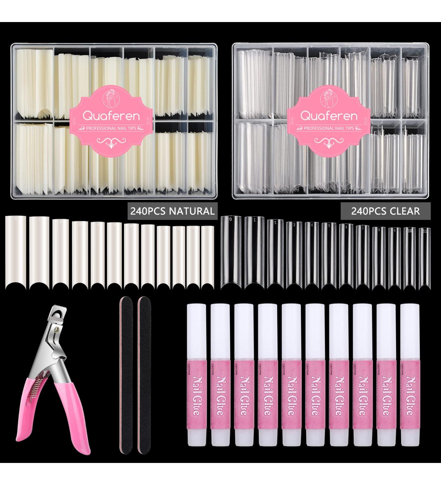 480PCS Extra Long C Curve Nail Tips & Glue - 2 Packs Natural & Clear Acrylic Nails Professional Set - 12 Sizes XXL Long Square False Nail Tips - Buy Online on GoSupps.com