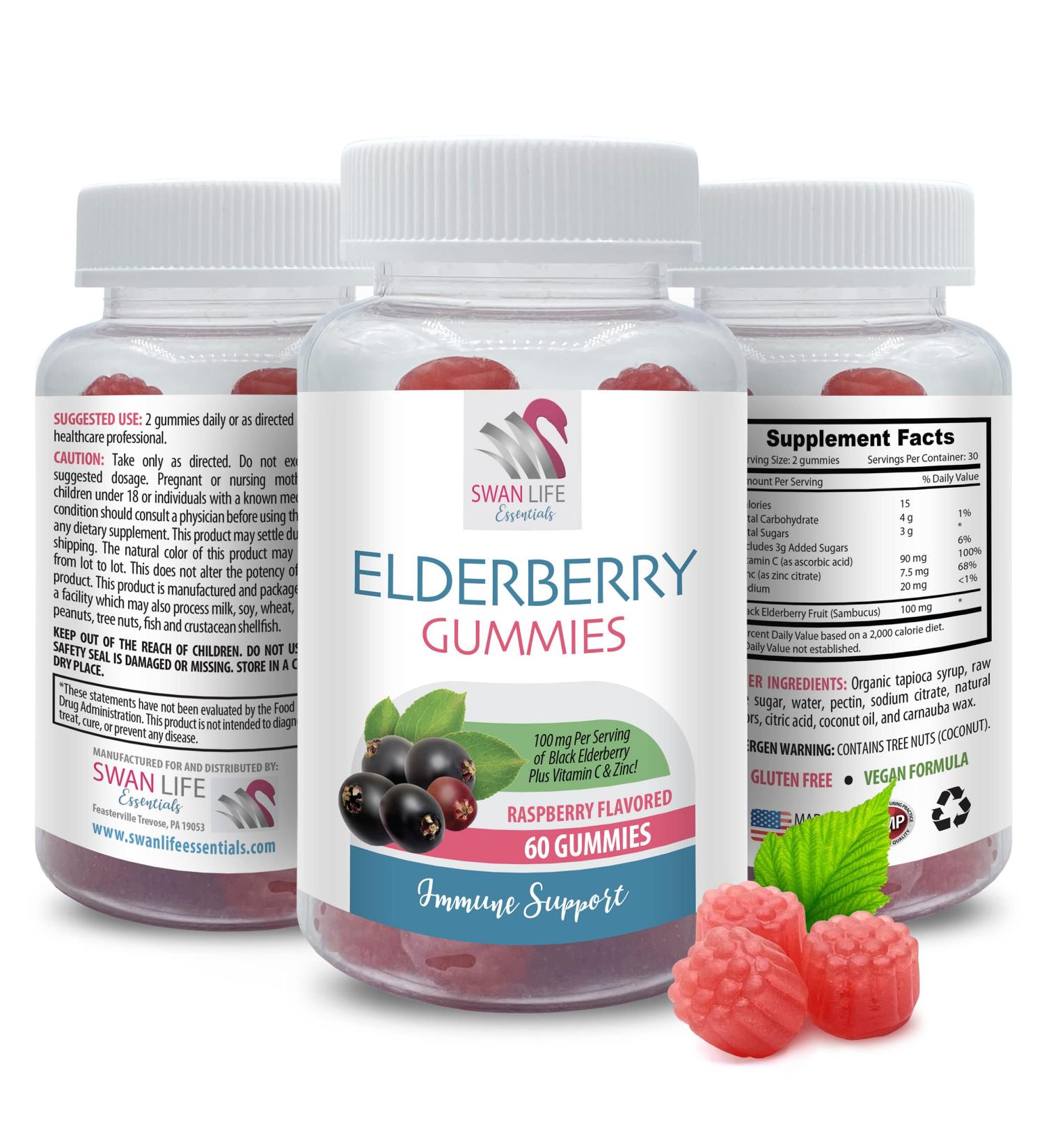 Elderberry Gummies for Immune System Support - Elderberry Gummies - Natural Antioxidants and Vitamins Tasty Raspberry Flavor Gluten-Free Non-GMO Black Elderberry with Vitamin C 1B 60 Gummies
