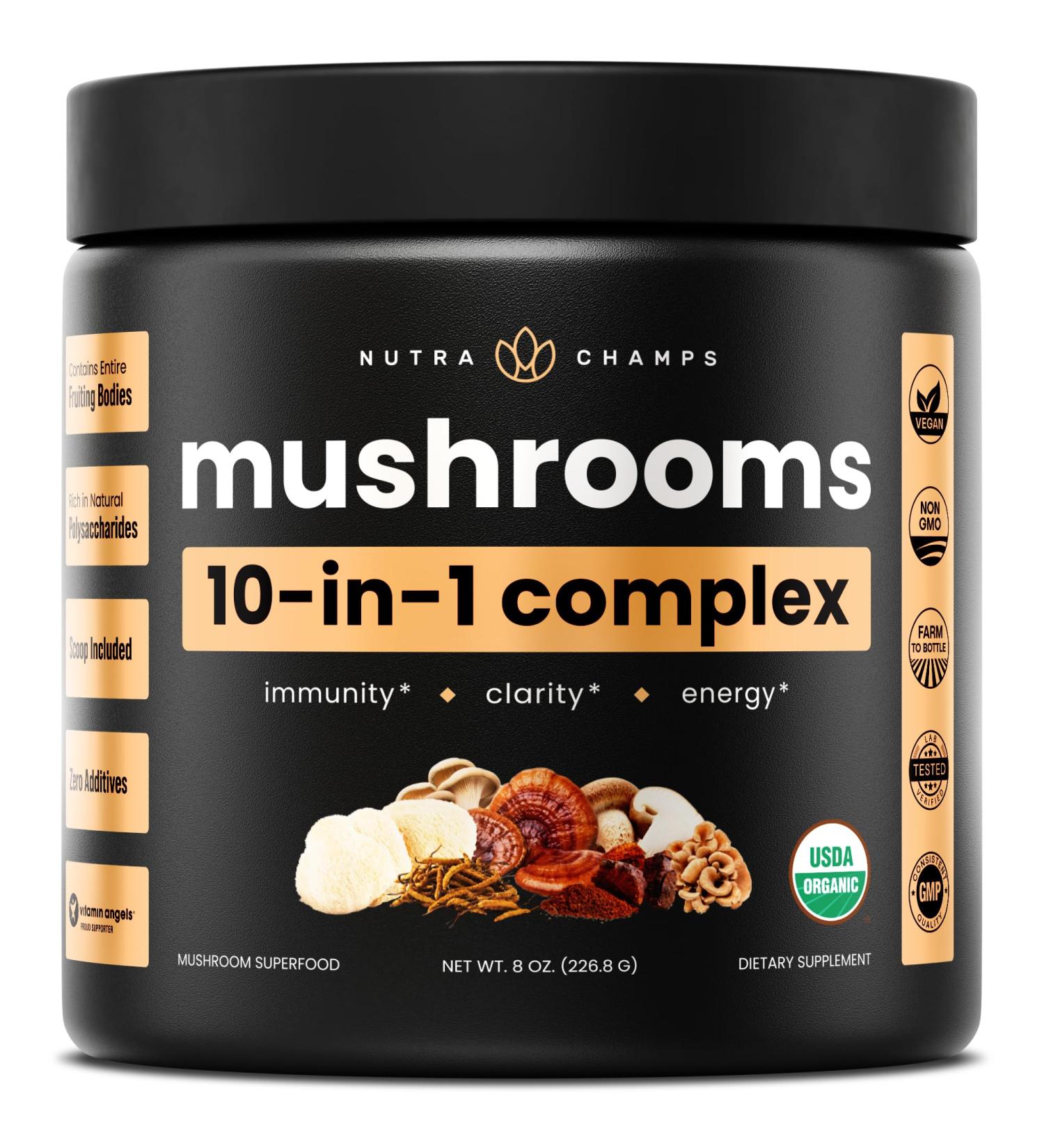 NutraChamps Organic Mushroom Powder - 10-in-1 Complex - Mushroom Supplement Powder Blend for Memory, Focus & Immune Support - 8oz (8.0 OZ, Mushroom Blend) - Buy Online on GoSupps.com