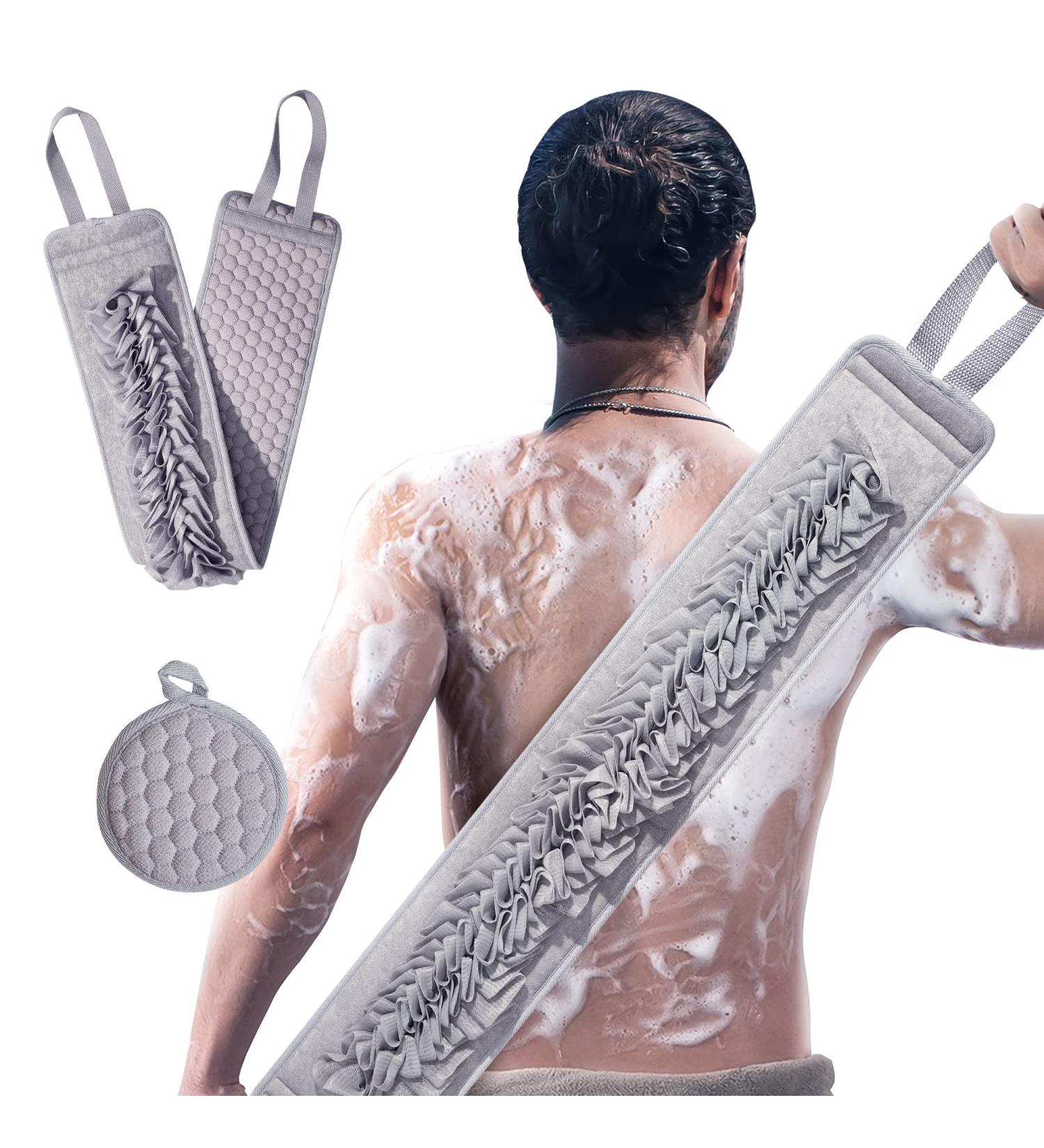 Suntee Exfoliating Loofah Back Scrubber & Sponge Pad Set - Double-Sided Body Exfoliator for Shower, Bath - Men, Women - Deep Cleaning Luffa Scrubber - 40.5 x 5.5 inch - Buy Online on GoSupps.com