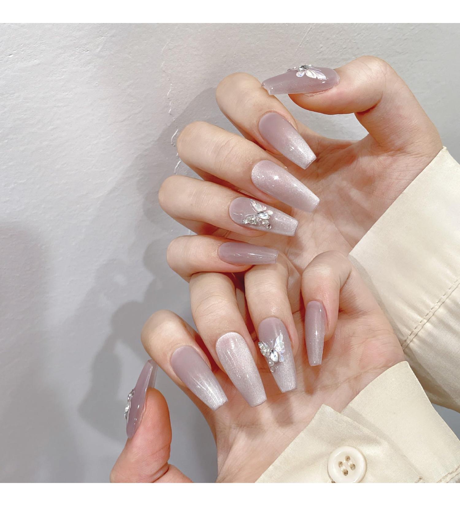 Nude cat eye hand-made nails long nails hand-made press-on nails gentle removable nail stickers(Purple Long ladder M)