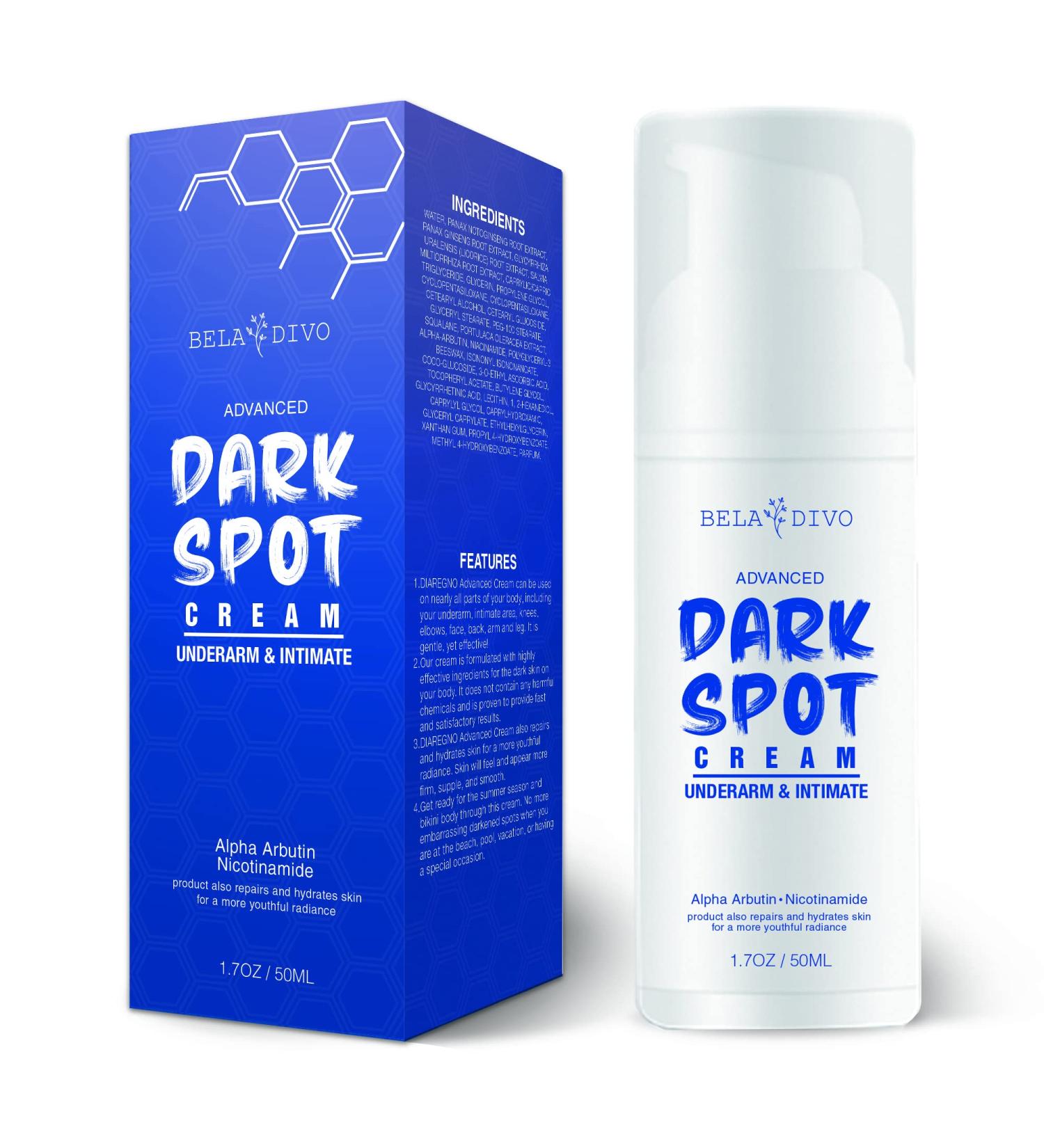 BELA DIVO Dark Spot Cream | Natural Underarm & Intimate Cream | Dark Spot Corrector for Face & Sensitive Skin | Hyperpigmentation & Even Skin Tone | Alpha Arbutin & Niacinamide (1.7oz/50ml) - Buy Online on GoSupps.com