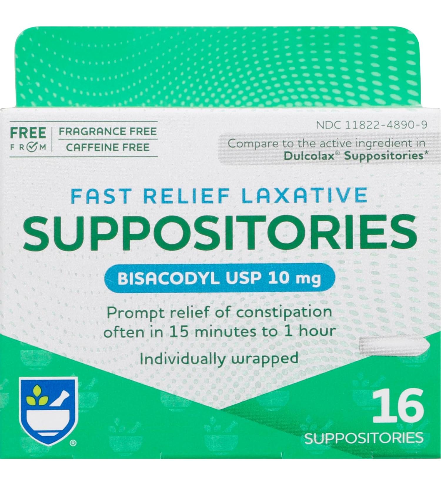 Rite Aid Fast Relief Laxative Suppositories 10mg - 16 Count | Bisacodyl USP | Constipation Relief in 15 Minutes | Stimulant Laxative for Fast Relief - Buy Online on GoSupps.com
