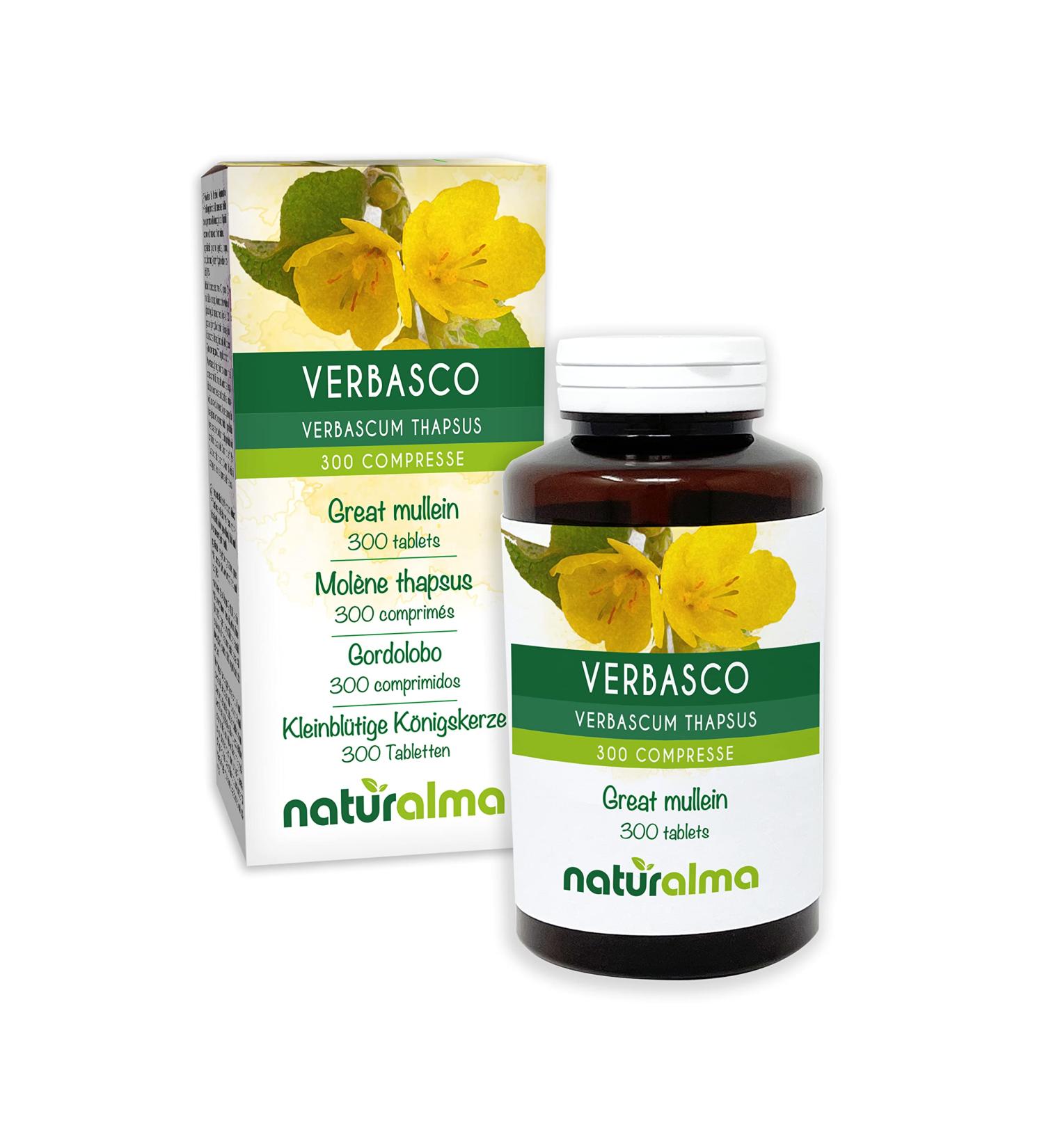 Great Mullein or Common Mullein (Verbascum thapsus) Flowers and Leaves Naturalma - 150 g - 300 Tablets - Food Supplement - Natural and Vegan - Buy Online on GoSupps.com
