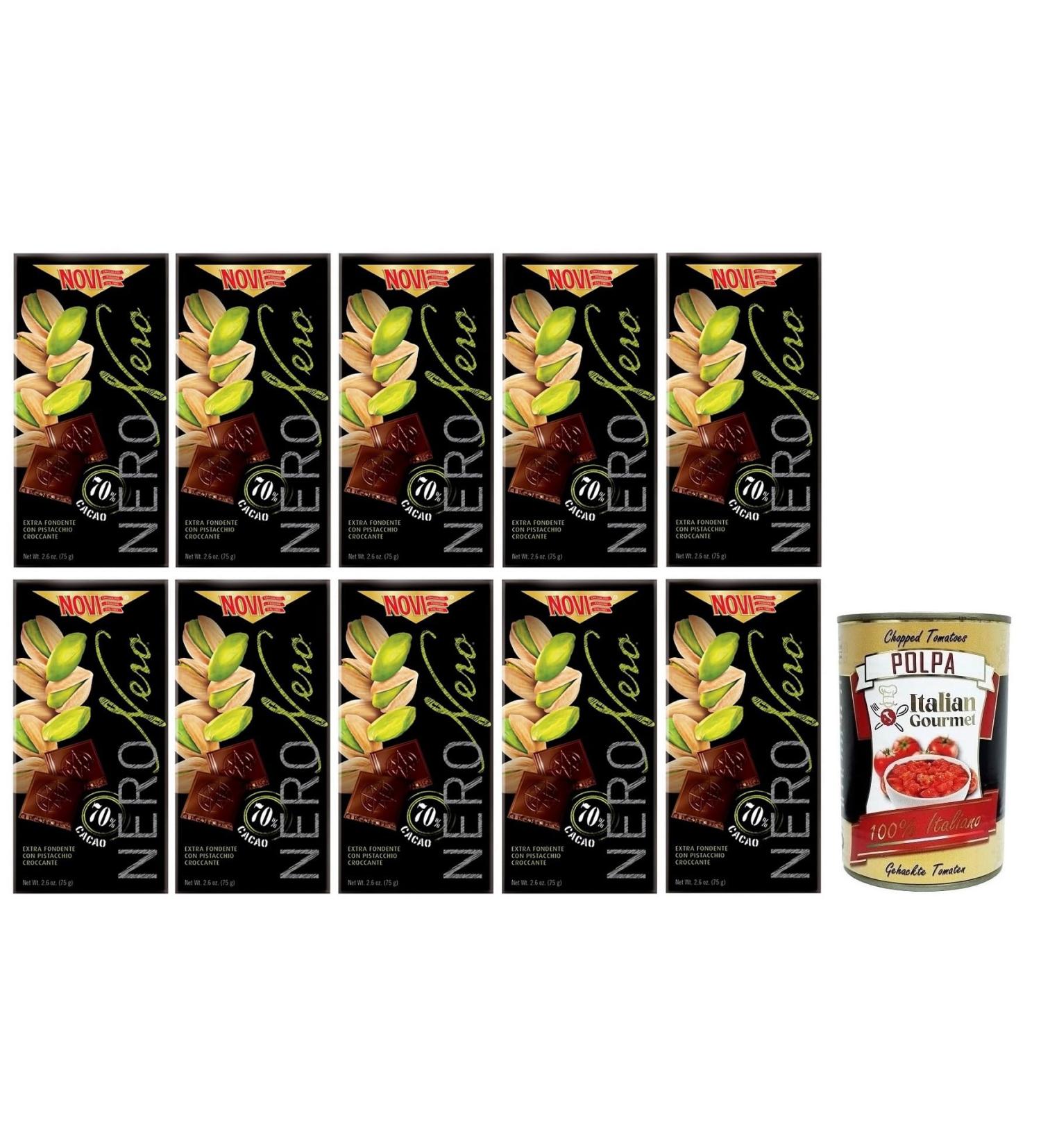  Italian Gourmet E.R. Novi Nero Pistacchio Pack of 10 extra dark chocolates with crunchy pistachios 70% cocoa 75g + Italian Gourmet Polpa di Pomodoro 400g box - Buy Online on GoSupps.com