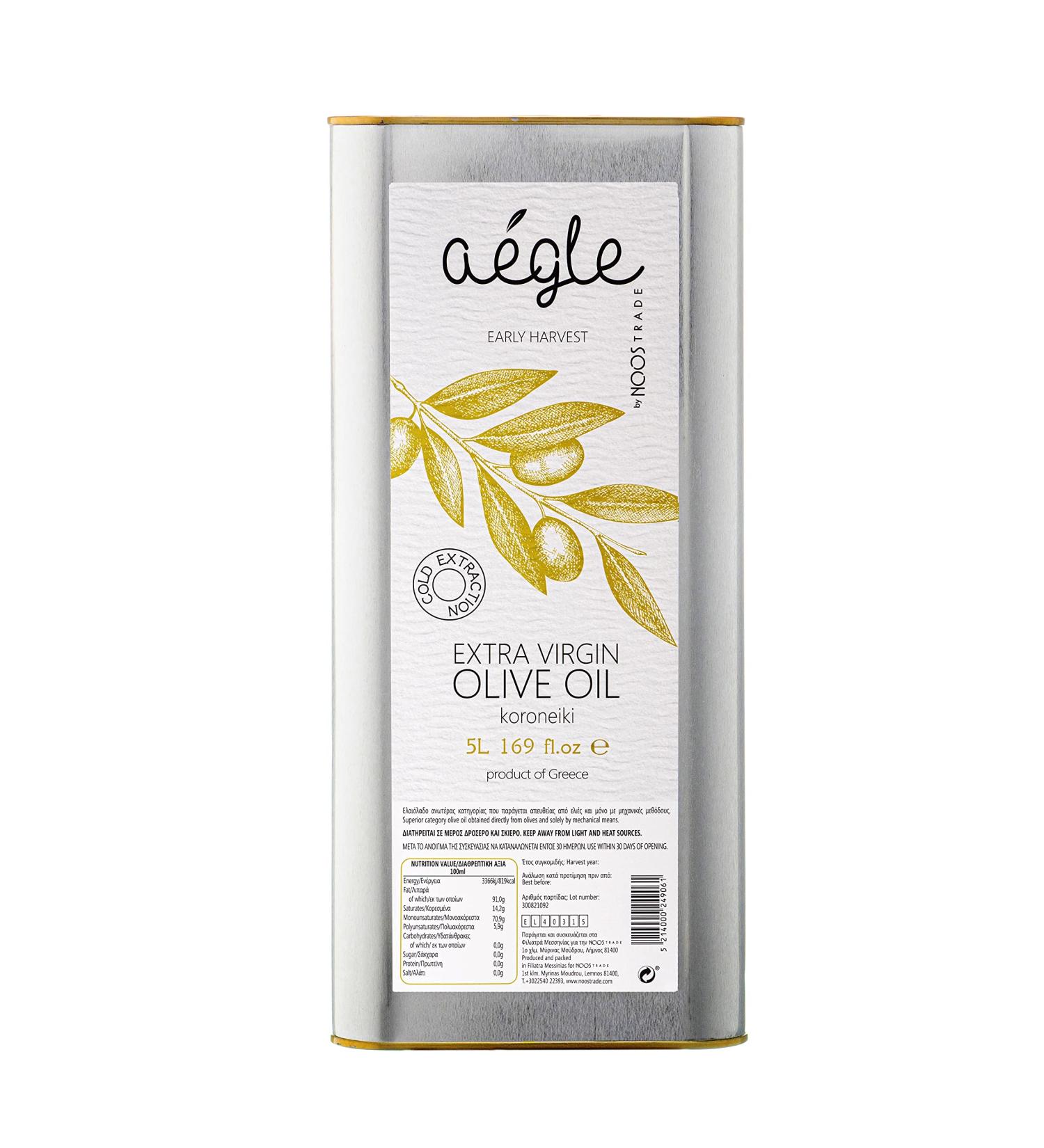Aegle 5Litre Early Harvest Premium Olive Oil Extra Virgin - Peppery Taste Polyphenols Koroneiki Variety - Cold Extracted - Family Estate - Messinia Greece Tin 5l - Buy Online on GoSupps.com
