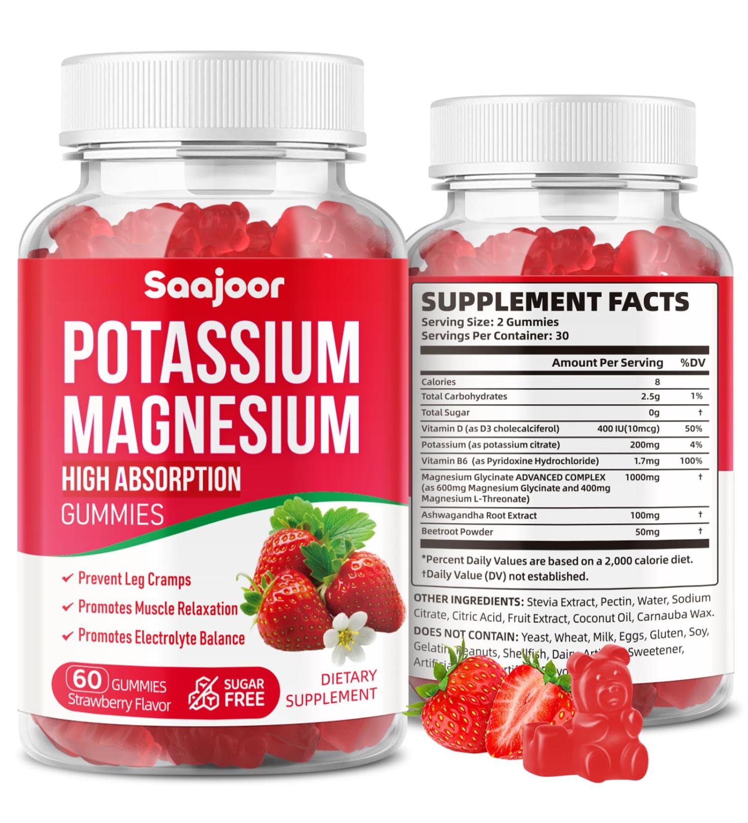 Potassium Magnesium Gummies High Absorption Magnesium Glycinate D3 & B6 Potassium Citrate - for Muscle Support Leg Cramps & Electrolyte Balance - Vegan Non-GMO Strawberry Flavor 60 Count 1pack - Buy Online on GoSupps.com