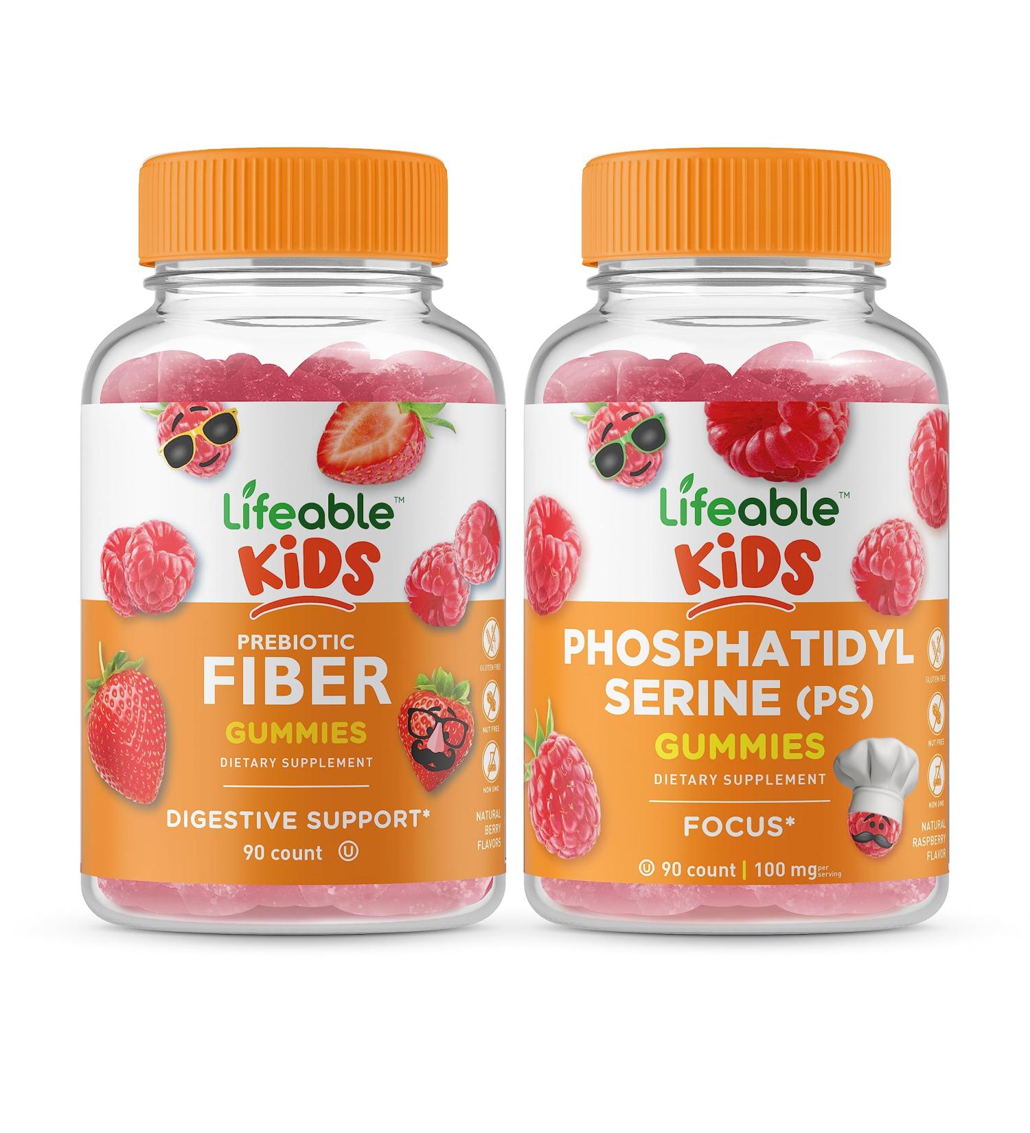Lifeable Prebiotic Fiber Kids + Phosphatidylserine (PS) Kids Gummies Bundle - Great Tasting Vitamin Supplement Gluten Free GMO Free Chewable Gummy - Buy Online on GoSupps.com
