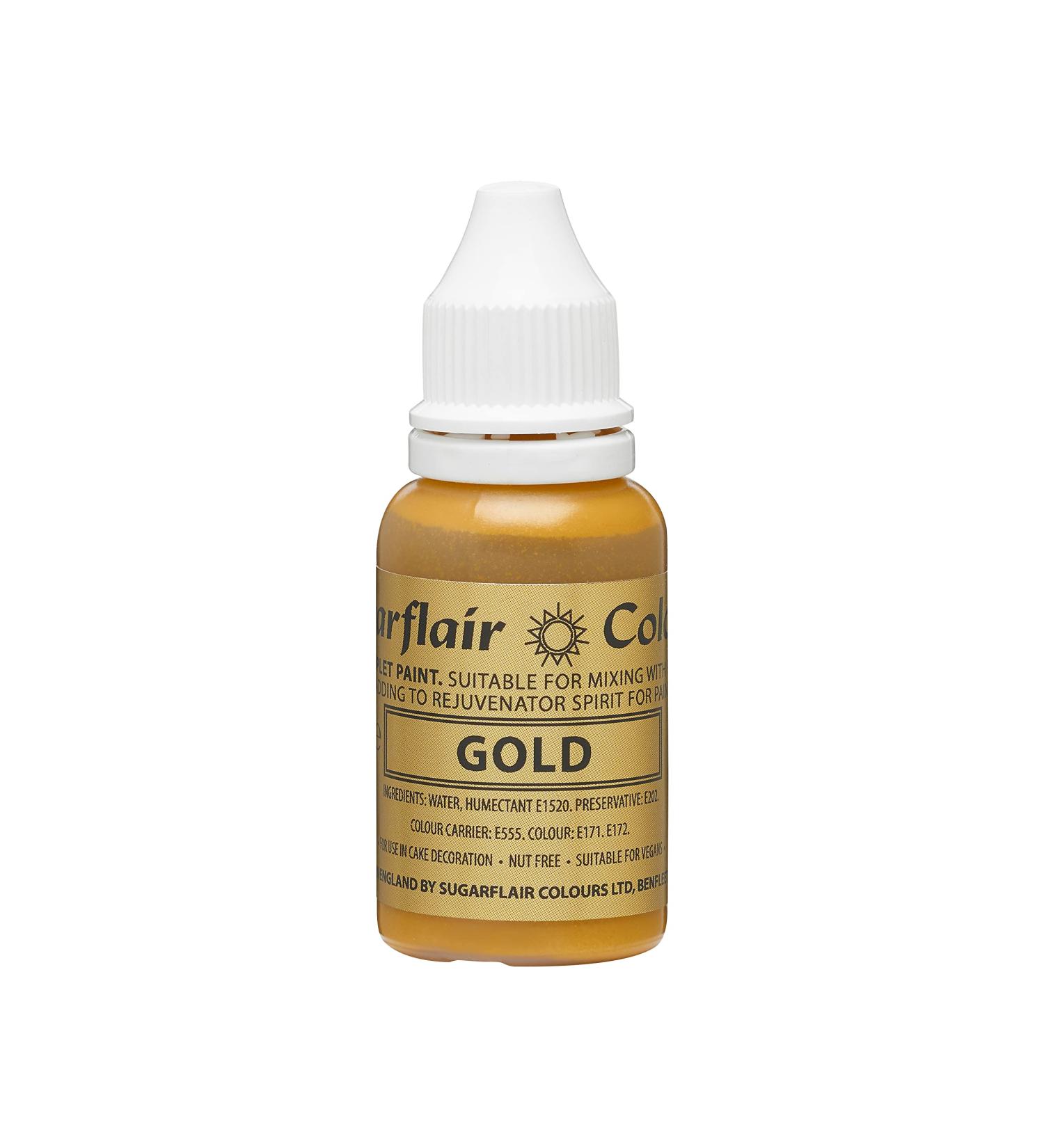 Sugarflair Gold Liquid Food Colouring Droplet For Painting By Mixing With Rejuvenator Spirit - 14ml
