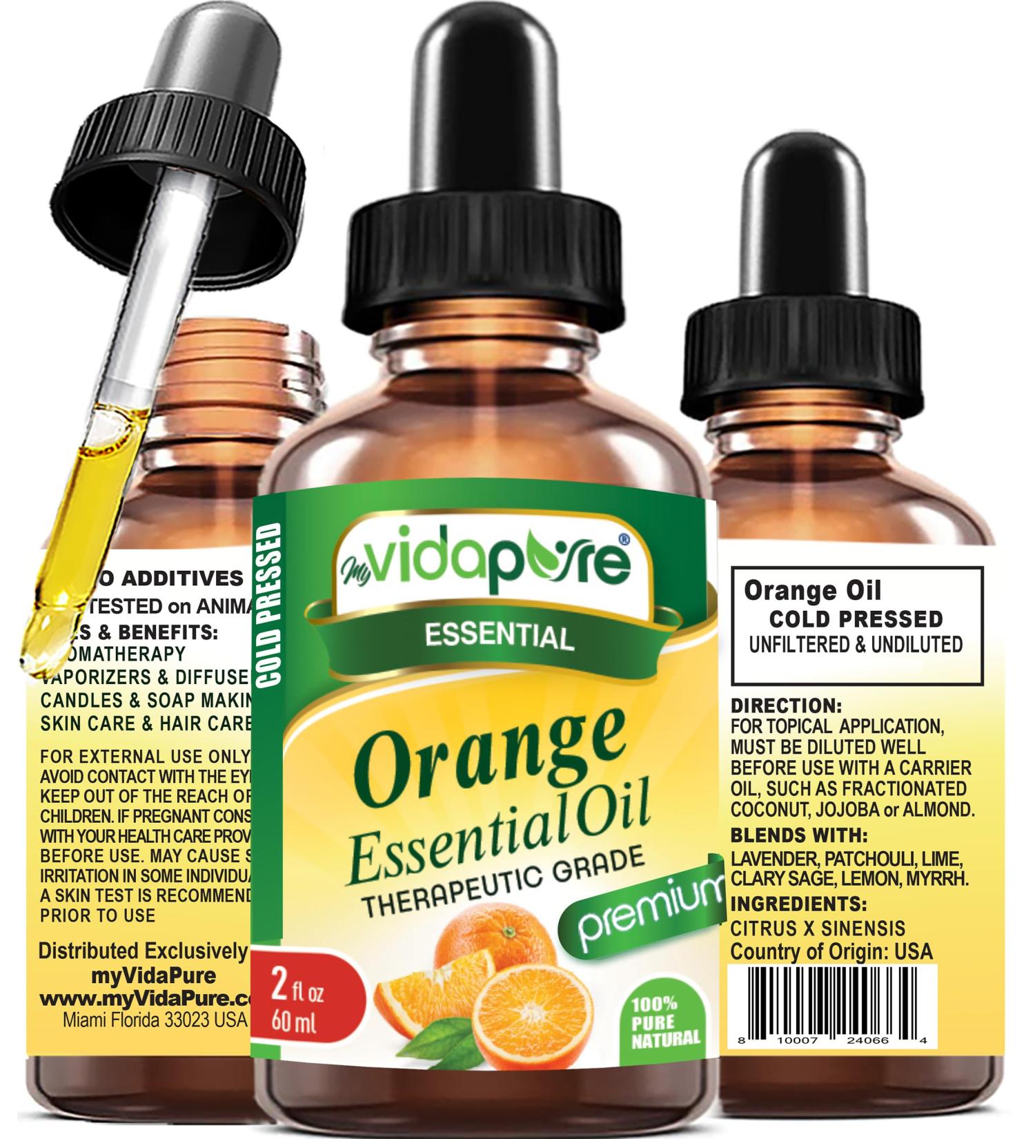 myVidaPure Orange Essential Oil 100% Pure Natural Undiluted 2 fl oz- 60 ml for Beauty Skin Hair Aromatherapy Soaps Candles Reed Diffusers Perfume