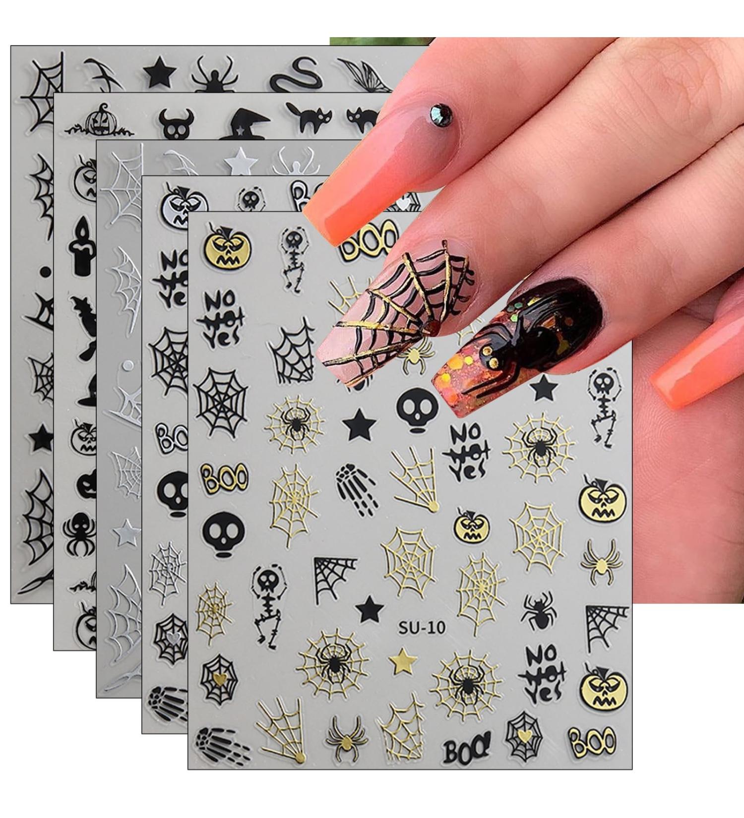 JMEOWIO 9 Sheets Halloween Nail Art Stickers Decals Self-Adhesive Pumpkin Spider Web Ghost Skull Witchy Bat Spook Black Gold Nail Supplies Nail Art Design Decoration Accessories - Buy Online on GoSupps.com