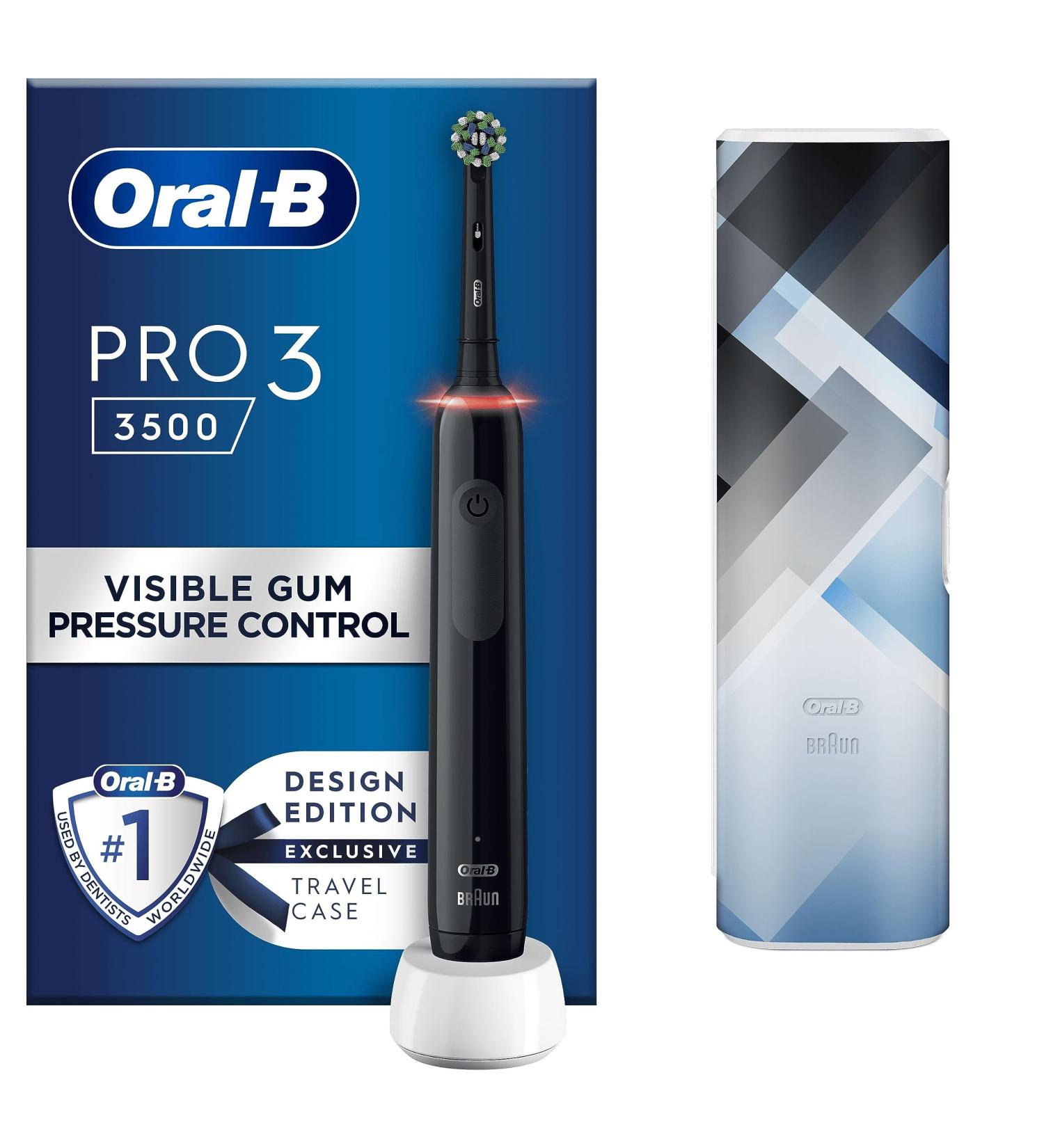 Oral-B Pro 3 Electric Toothbrush Gift Set - Cross Action Head & Mondrian Travel Case - 3 Modes for Teeth Whitening - 2 Pin UK Plug - Black Mondrian - Christmas Gifts for Women and Men - Buy Online on GoSupps.com
