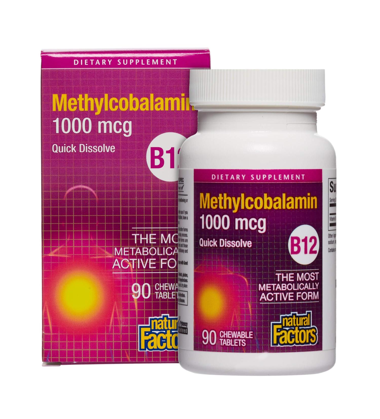 Natural Factors Vitamin B12 Methylcobalamin 1000 mcg Chewable Tablets - Energy & Immune Support - Vegetarian & Gluten Free - 90 servings - Buy Online on GoSupps.com