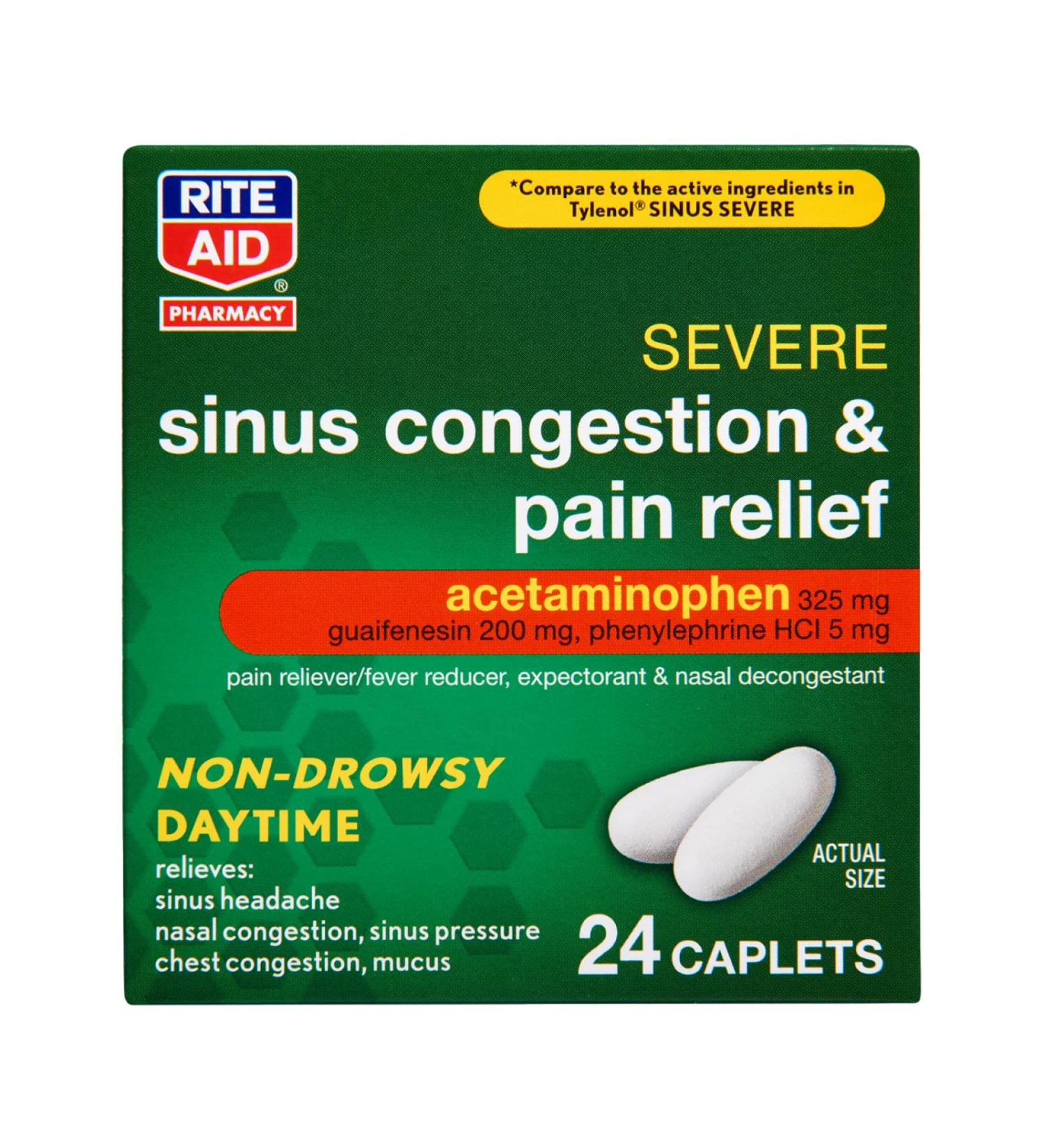 Rite Aid Daytime Severe Sinus Congestion & Pain Relief - 24 Caplets | Non-Drowsy Multi-Symptom Relief with Acetaminophen 325mg | Cold, Flu & Sinus Medicine for Adults - Buy Online on GoSupps.com