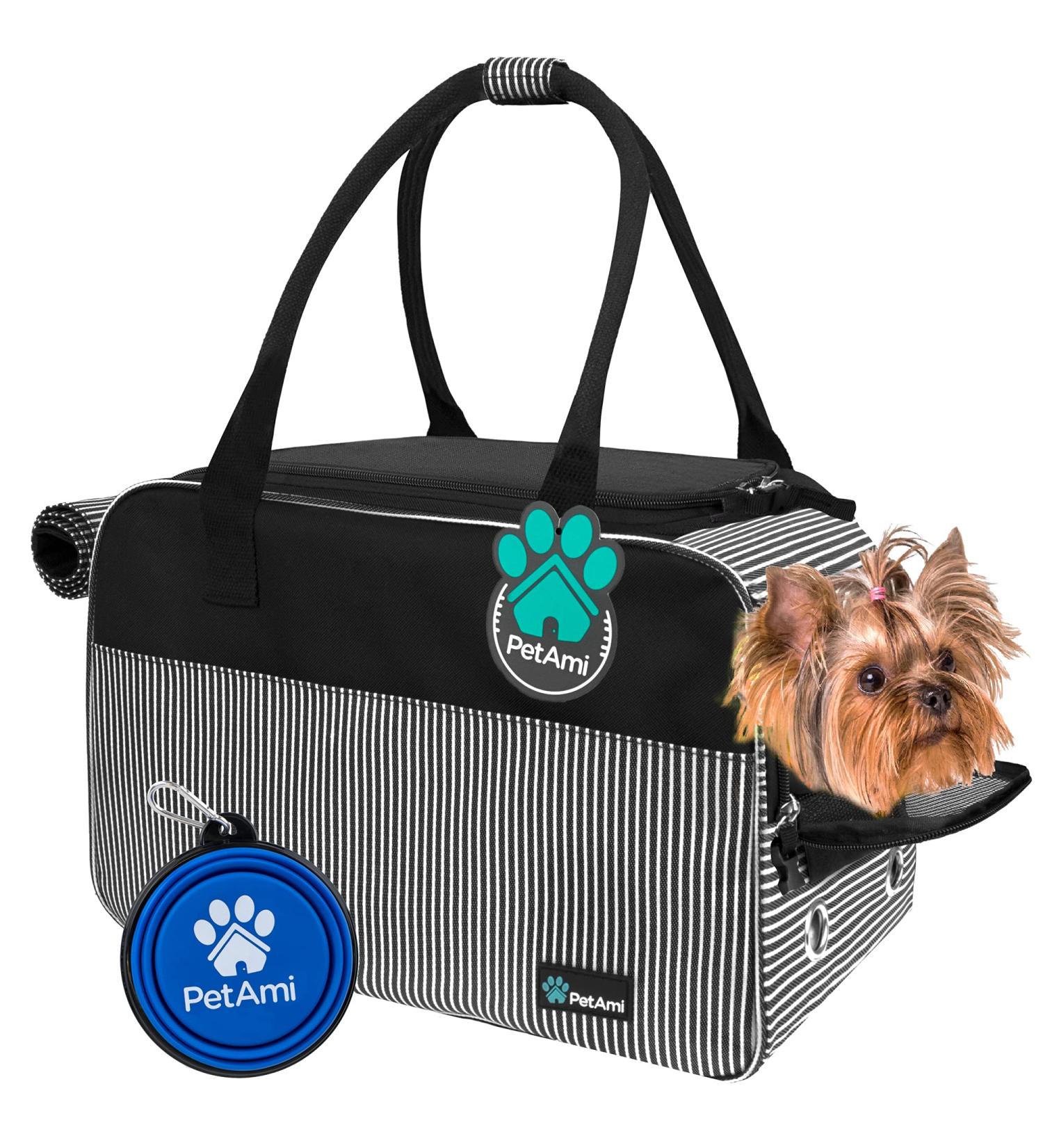 PetAmi Airline Approved Dog Purse Carrier | Soft-Sided Carrier for Small Pets | Stylish & Portable Travel Handbag | Ventilated Mesh & Sherpa Bed | Stripe Black - Buy Online on GoSupps.com