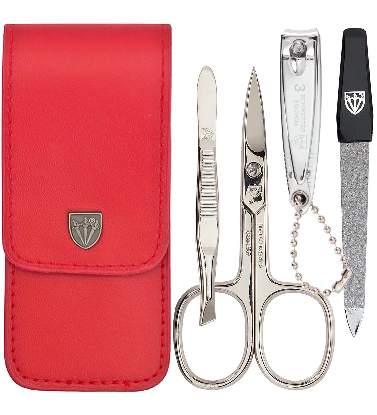 Three Swords Capri Nail Care Set | 4-Pcs Manicure & Pedicure Kit | High-Quality Synthetic Leather Red | Nail Scissors Clippers Tweezers Sapphire Nail File - Buy Online on GoSupps.com