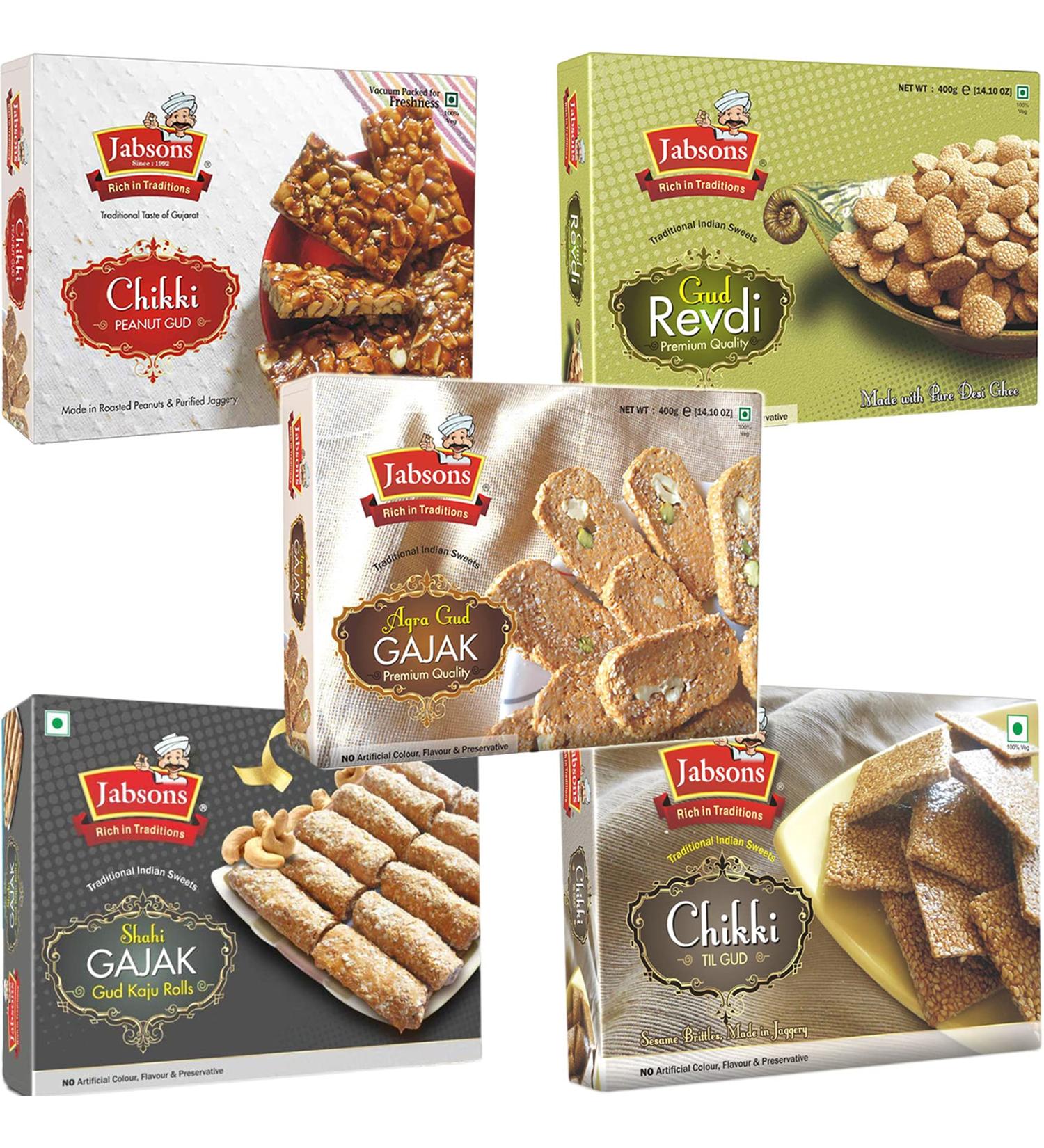Jabsons 5 Assorted Traditional Sweet Combo - Chikki Til Gud Agra Gud Gajak Gud Kaju Roll Gud Revdi & Chikki Peanut Gud - 400g | International Shipping Available - Buy Online on GoSupps.com