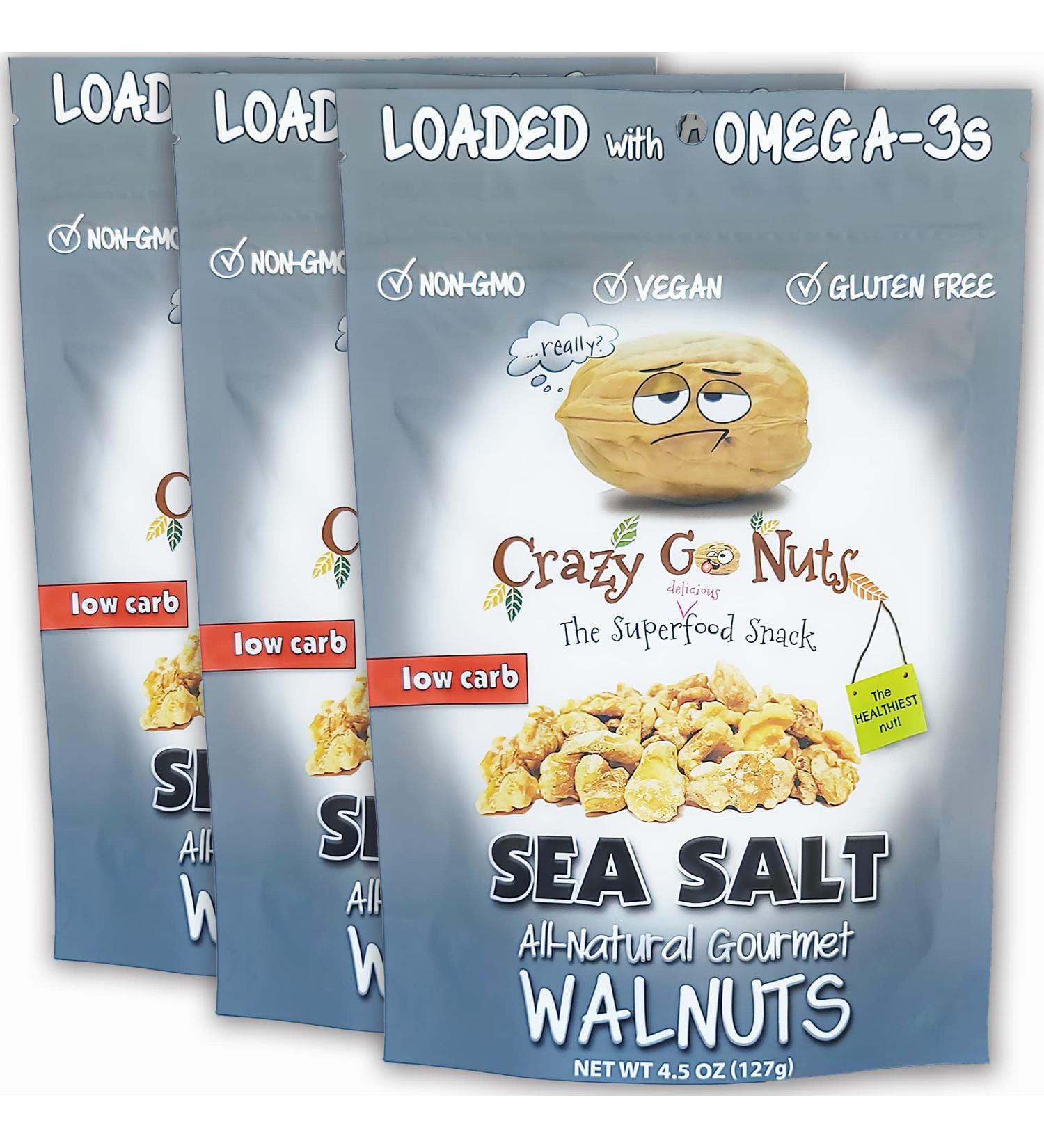 3-Pack Crazy Go Nuts Walnuts - Plain with Sea Salt 4.5 oz - Healthy Vegan Snacks with ALA Omega 3 Fatty Acids and Antioxidants - Buy Online on GoSupps.com