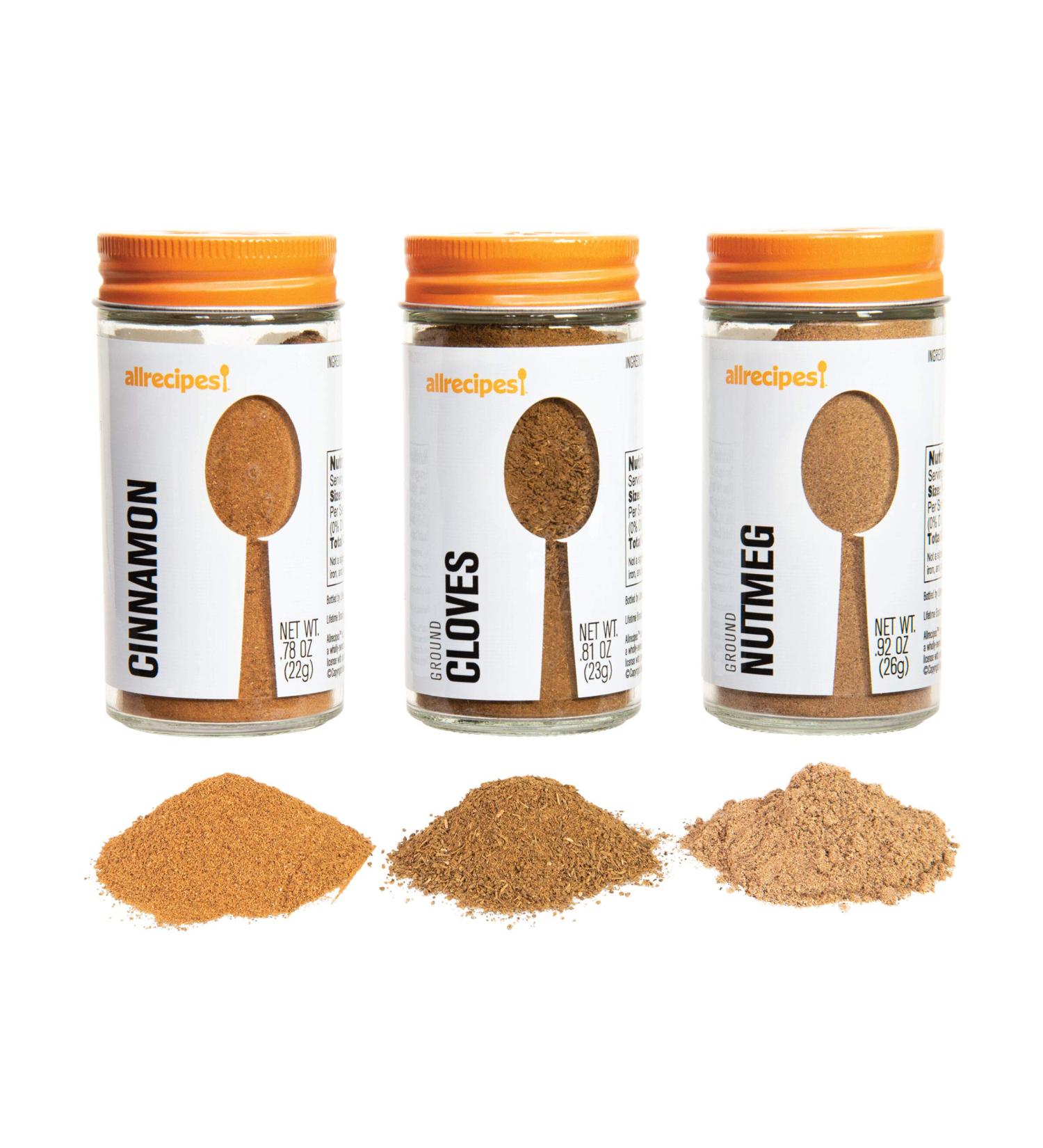 Premium Allrecipes Sweet Spices Set - Cinnamon, Ground Cloves, Nutmeg in Glass Jars with Sifter Caps (Set of 3) - Buy Online on GoSupps.com