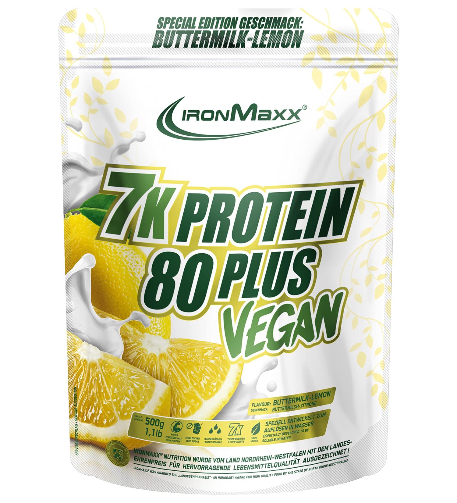 Ironmaxx 7K Protein 80 Plus Vegan Buttermilk Lemon 500g | High Quality Sugar-Free Water-Soluble Protein Powder - 7 Components - Buy Online on GoSupps.com