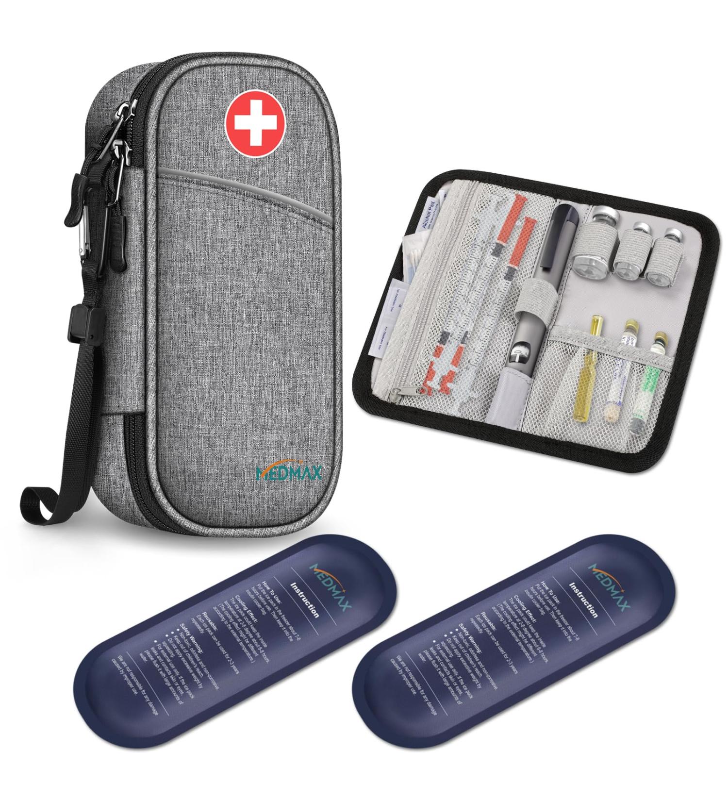 Medmax Insulin Cooling Bag - Portable Water-Repellent Organizer with 2 Cooling Packs for Diabetic Accessories - Insulated Gray Cooler for Insulin Pens - Buy Online on GoSupps.com