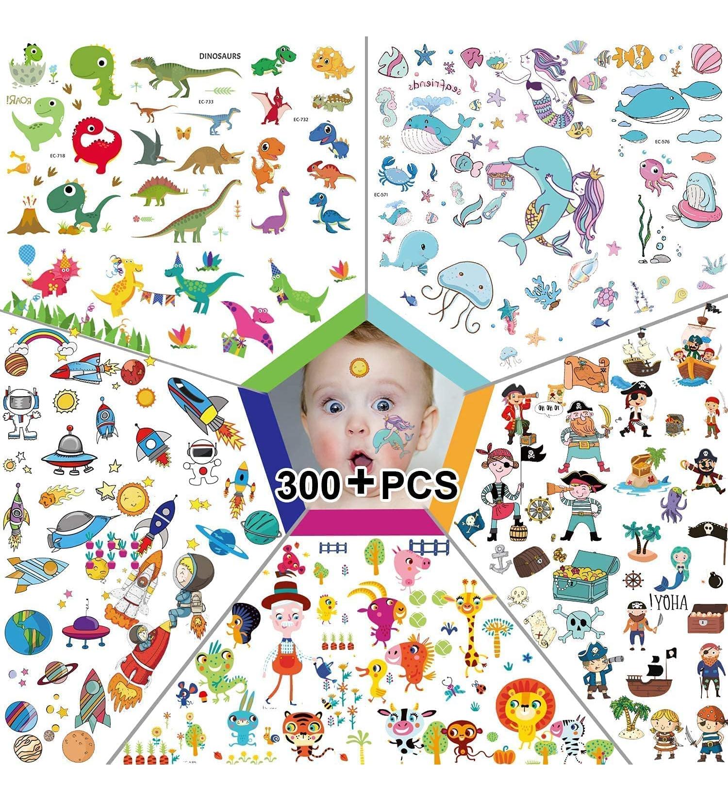 300pcs Kids Temporary Tattoos - Spaceships, Dinosaurs, Zoos, Mermaids, Pirates | Waterproof Fake Tattoos for Boys & Girls | 20 Sheets (4.7X3) - Buy Online on GoSupps.com