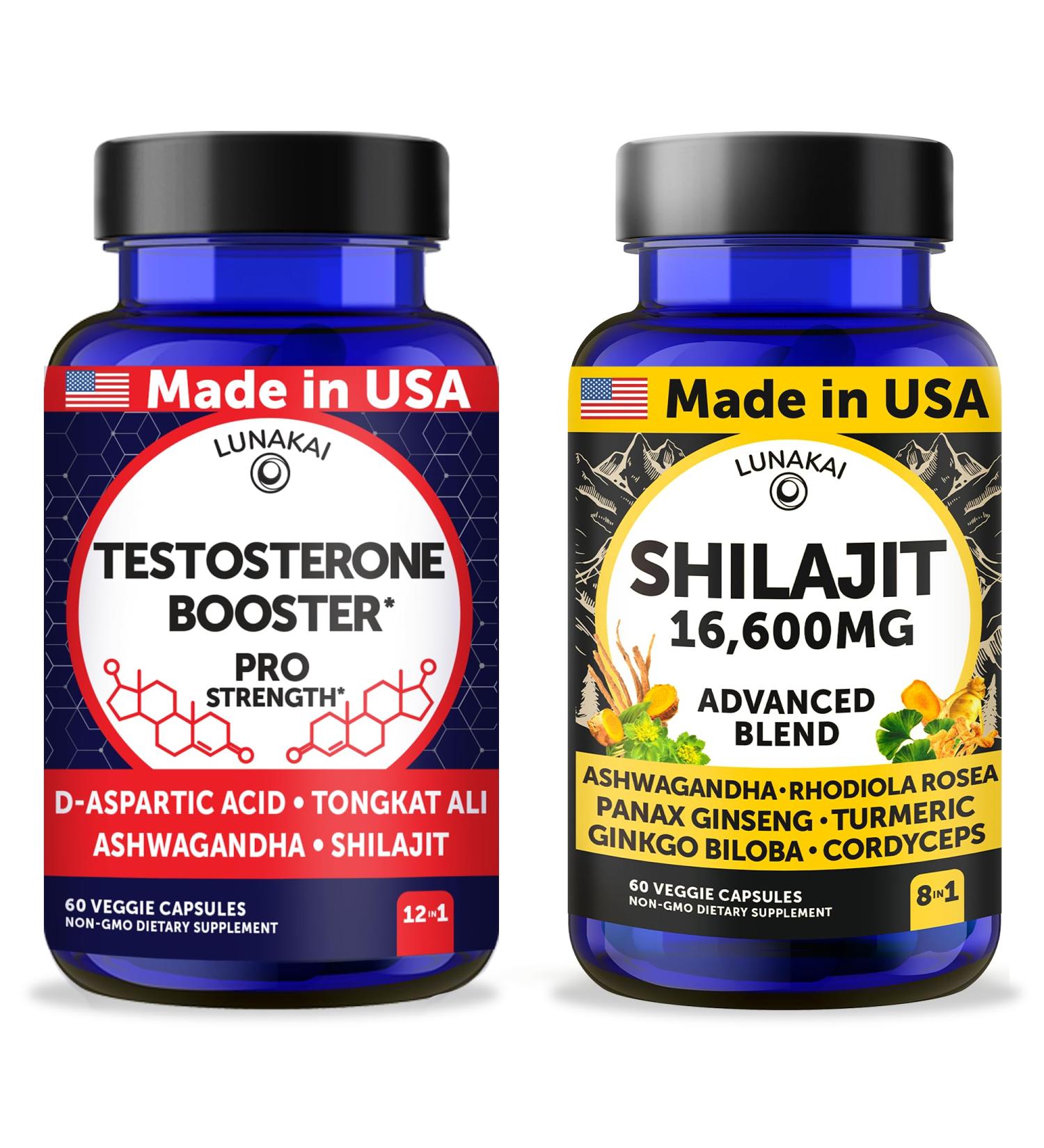 Lunakai USA Made Testosterone Booster + Shilajit Capsules Bundle Non-GMO 60ct Each - Buy Online on GoSupps.com