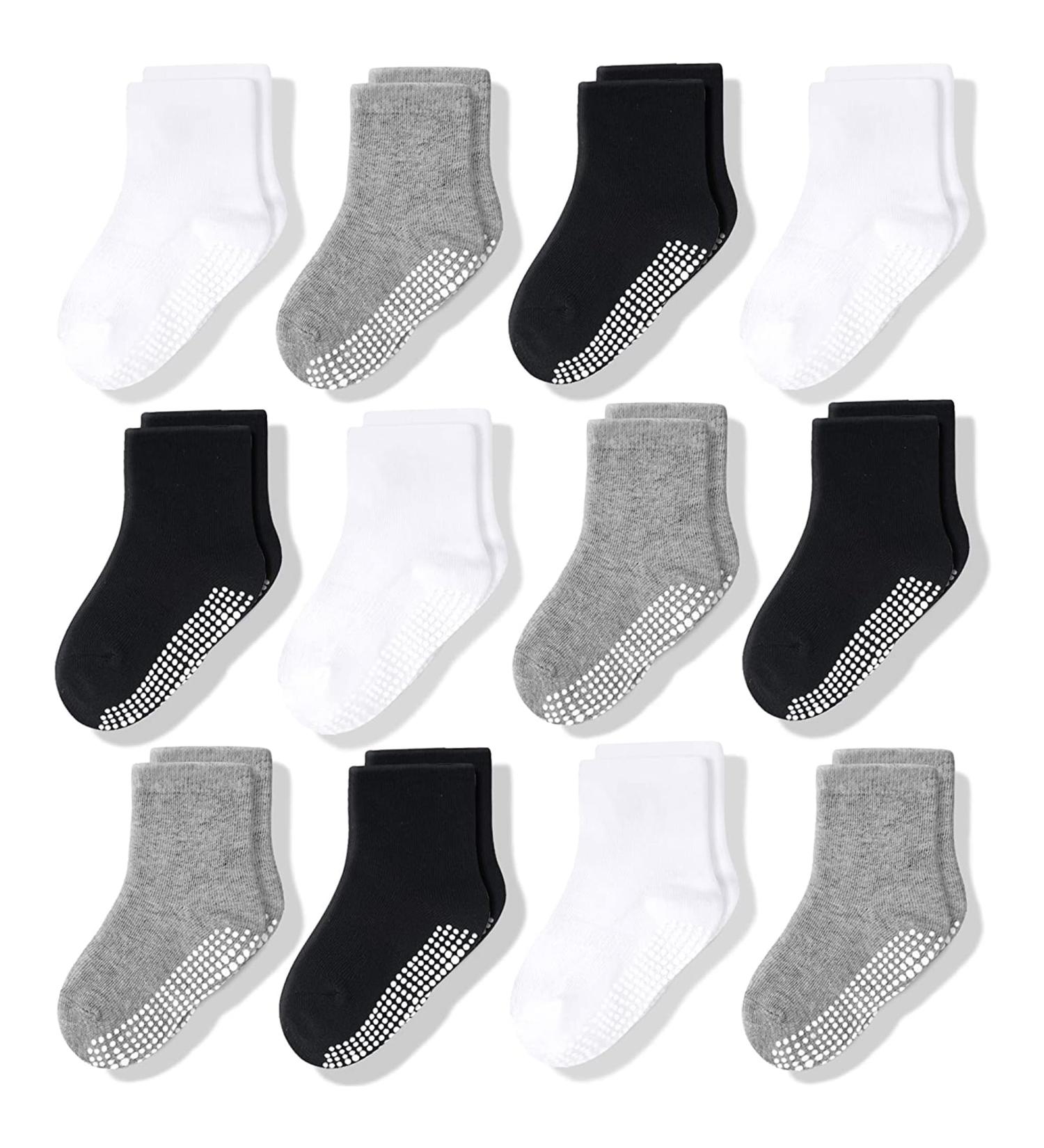 CozyWay Kids Non Slip Cotton Crew Socks - 12 Pairs Black/White/Gray - Anti Skid Grips for Toddler Boys & Girls 3-5 Years - Buy Online on GoSupps.com