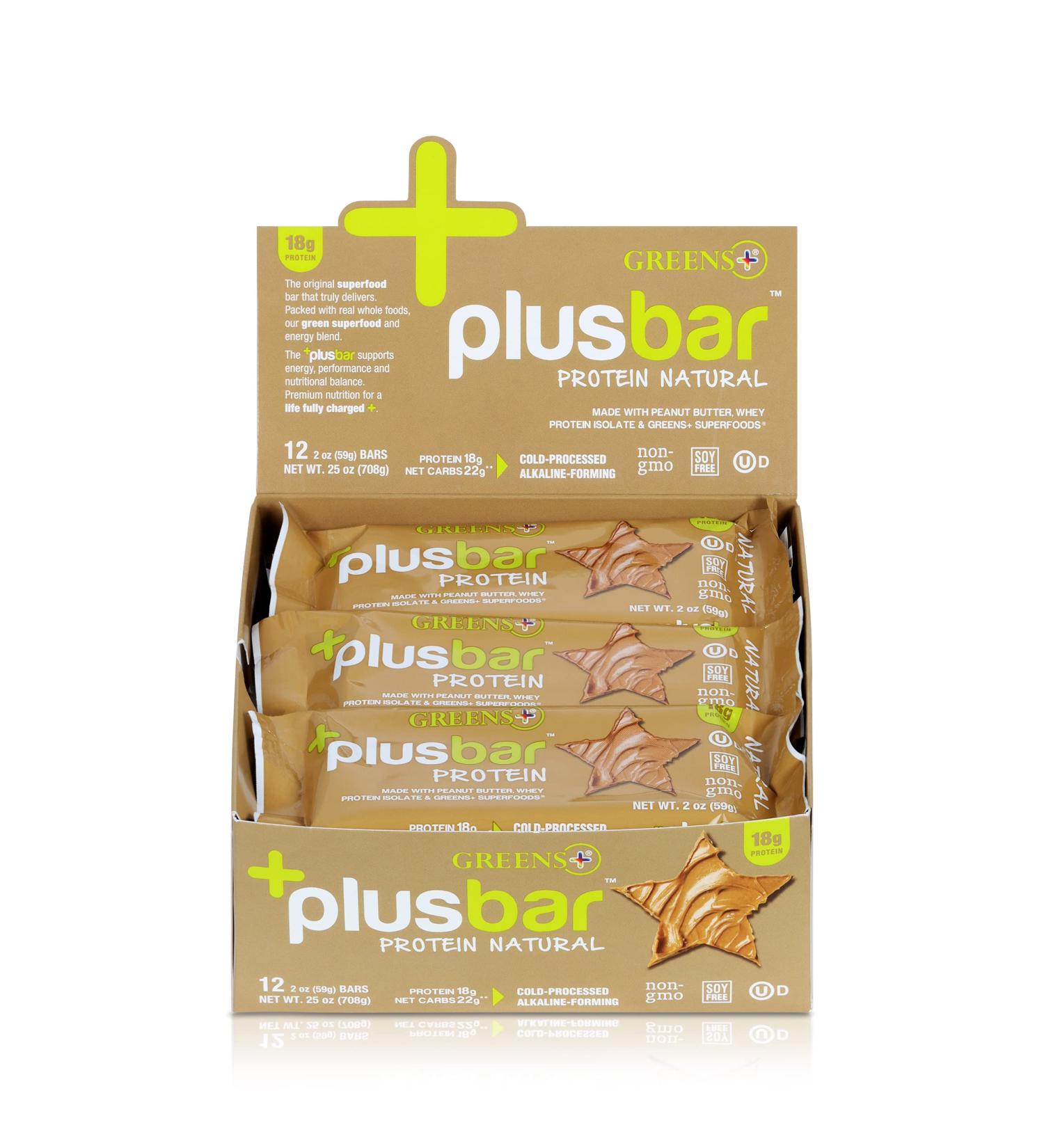 Greens+ Plusbar Protein Natural | Gluten-Free Whey Protein Bar | Organic & Non-GMO | 12 Bars | 2 oz - Buy Online on GoSupps.com