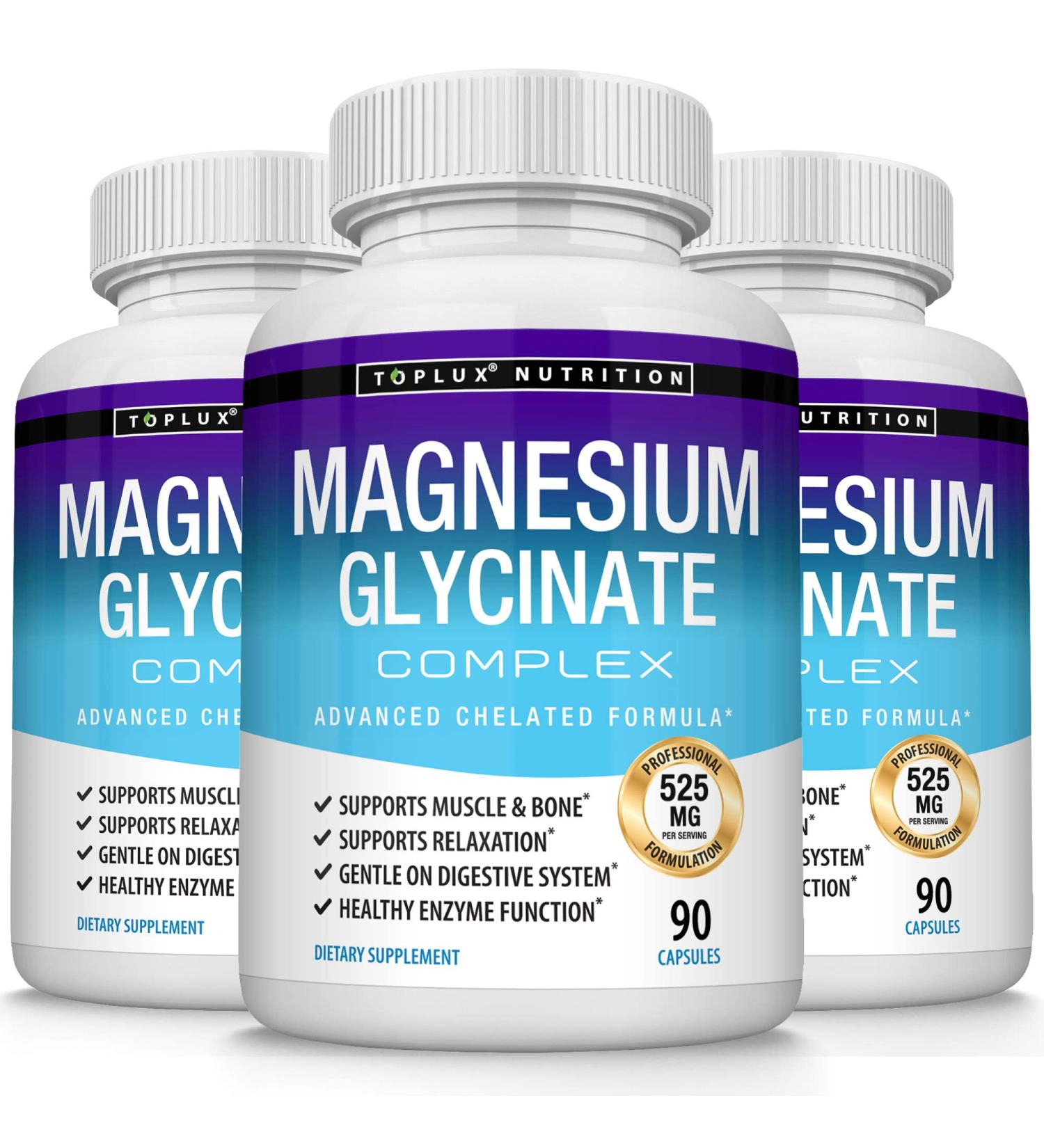 3X Bottles Magnesium Glycinate Complex 525mg High Absorption Chelated Formula for Muscle Relaxation & Recovery - Vegan 90 Capsules - Buy Online on GoSupps.com