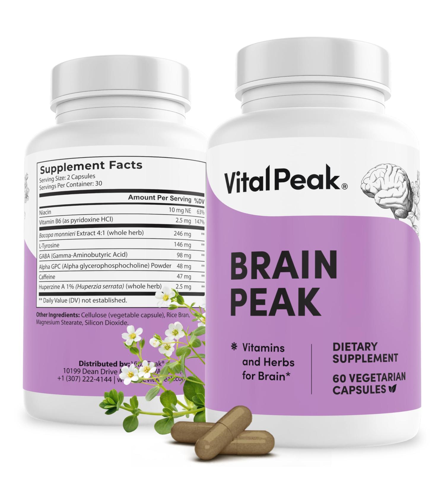 Vital Peak Brain Peak - Brain Supplements for Memory and Focus - Supports Brain Health - with Niacin GABA Alpha GPC L-Tyrosine Bacopa Monnieri - Vegan Gluten Free Dairy Free - 60 Capsules - Buy Online on GoSupps.com