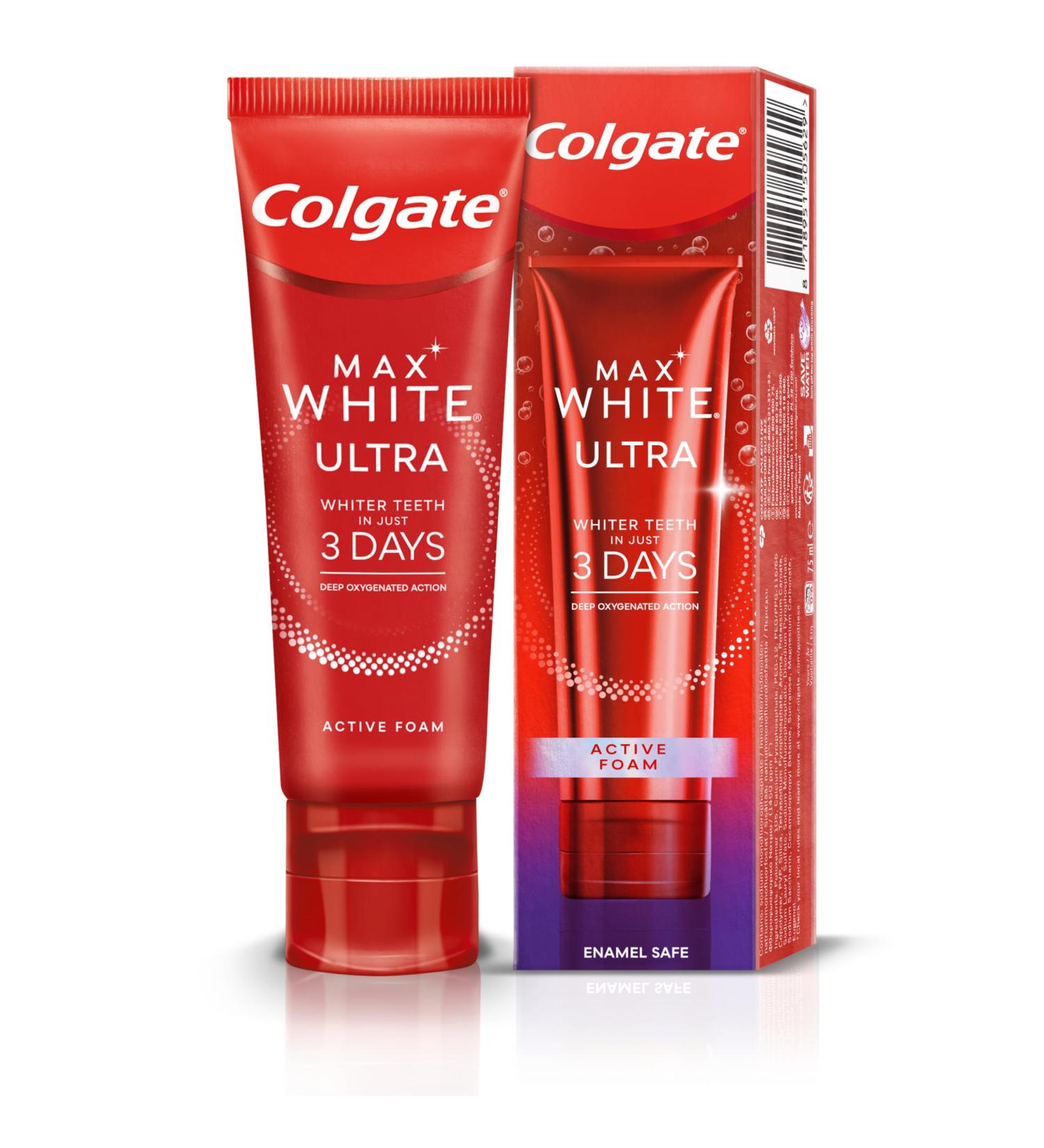 Colgate Max White Ultra Active Foam Teeth Whitening Toothpaste 75ml - Whitens Teeth in 3 Days, Enamel Safe Formula, Removes Deep Stains - Clinically Proven Fluoride Whitening Toothpaste - Buy Online on GoSupps.com