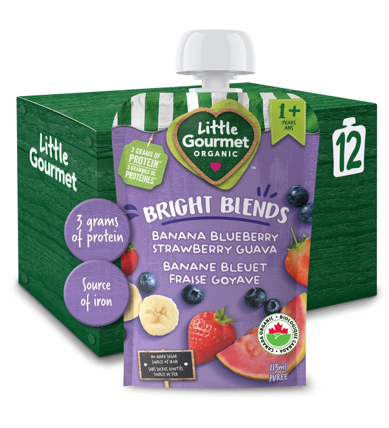 Little Gourmet Organic Bright Blends Baby Food Pouches - Banana Blueberry Strawberry Guava - No Added Sugar or Salt Non GMO No Fillers - (113ml) 12-Pouches Purple Banana Blueberry Strawberry Guava 113ml - 12 Pouches - Buy Online on GoSupps.com
