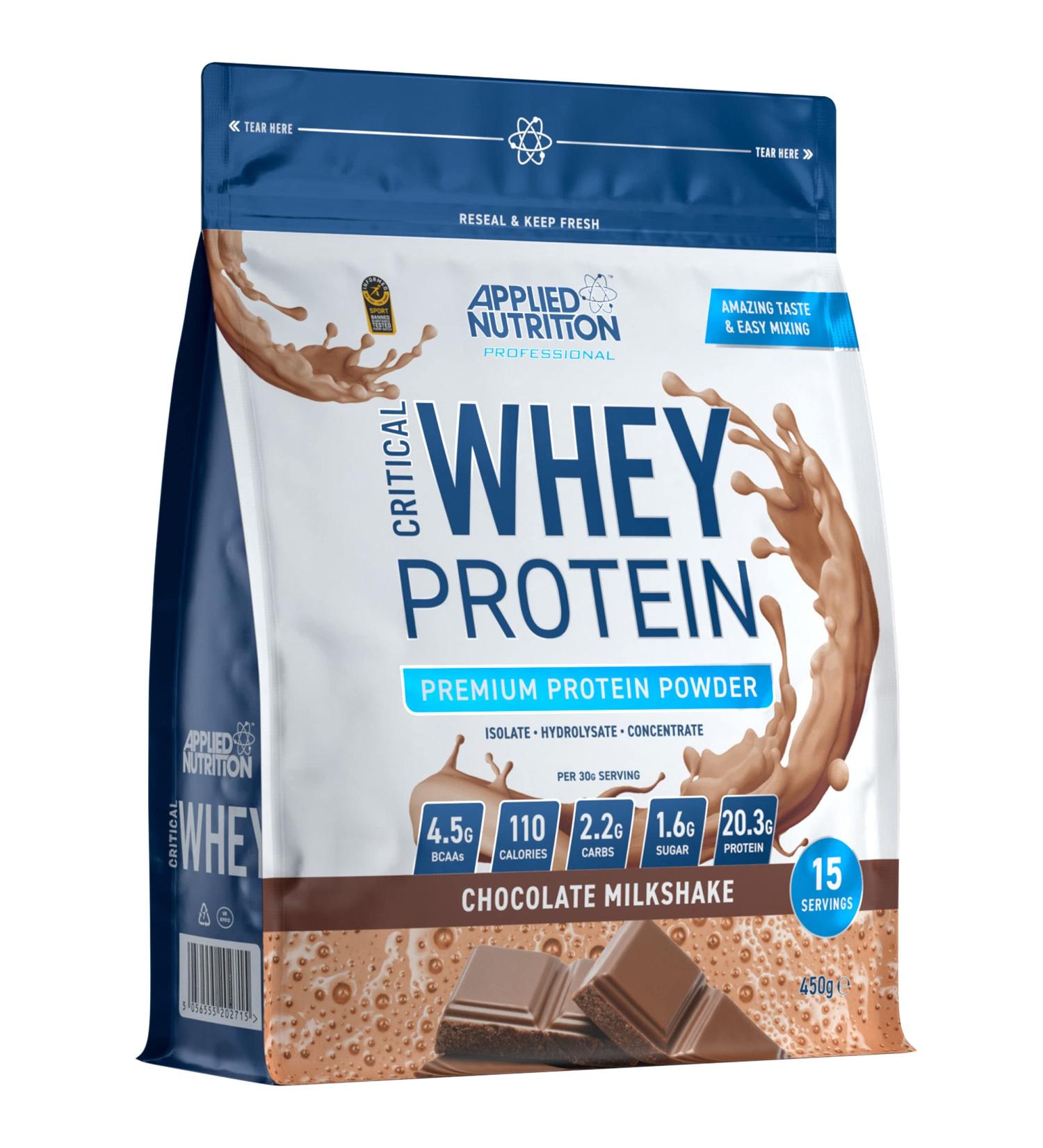 Applied Nutrition Critical Whey Protein Powder 450g - High Protein Muscle Building Supplement with BCAAs & Glutamine - Chocolate Flavor - Buy Online on GoSupps.com