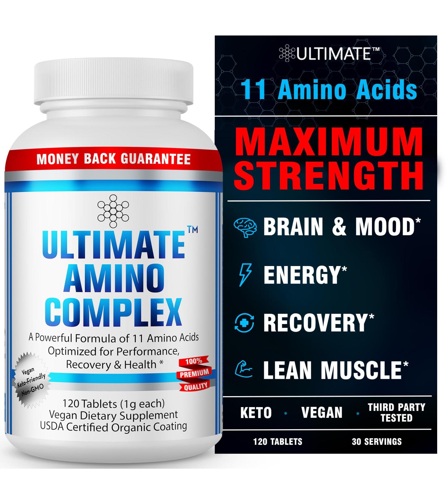 Ultimate Amino Acid Complex - 120 Vegan Tablets | 9 Essential EAAs + BCAAs | Boost Energy Muscle & Recovery - Buy Online on GoSupps.com