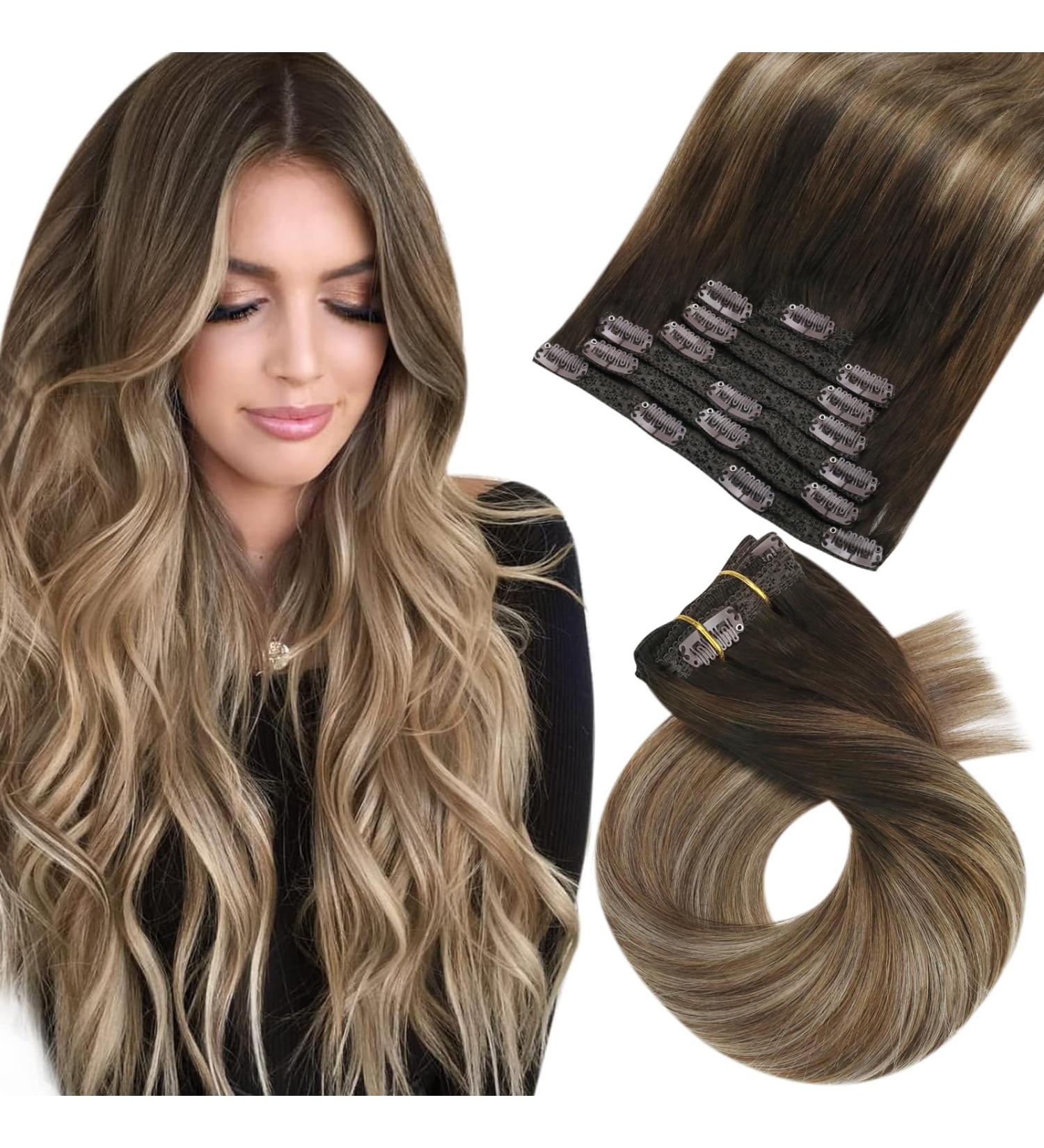 Moresoo 18 Balayage Brown Human Hair Clip in Extensions - Dark Brown to Light Brown with Golden Blonde Ombre | Remy Clip Ins 7Pcs/120g #4/10/16 - Buy Online on GoSupps.com