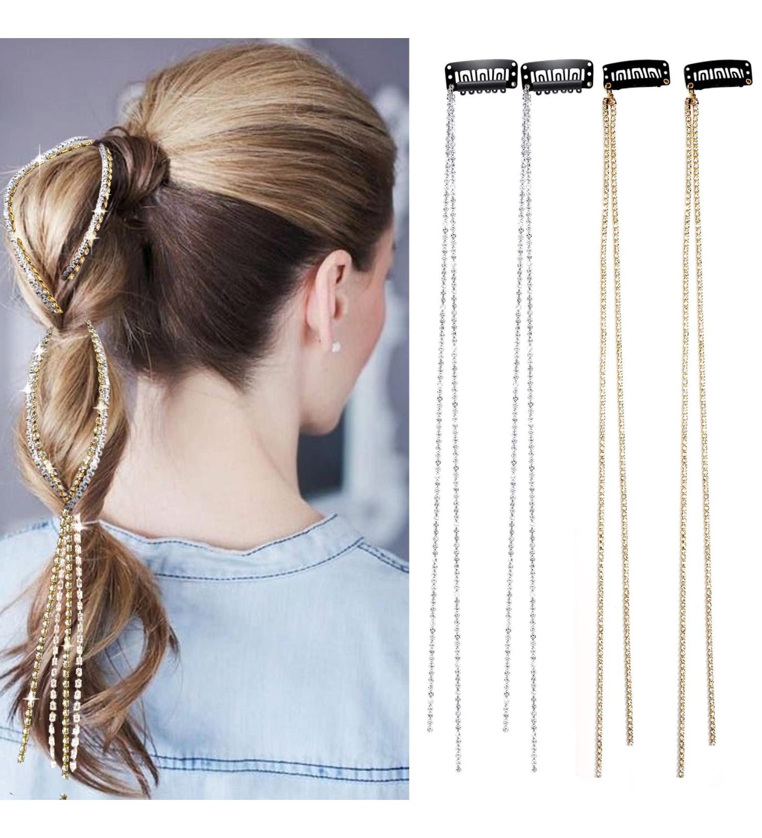 Sparkle Hair Chains - Rhinestone Clips for Braiding - Silver & Gold Extensions - 4 Count - Buy Online on GoSupps.com