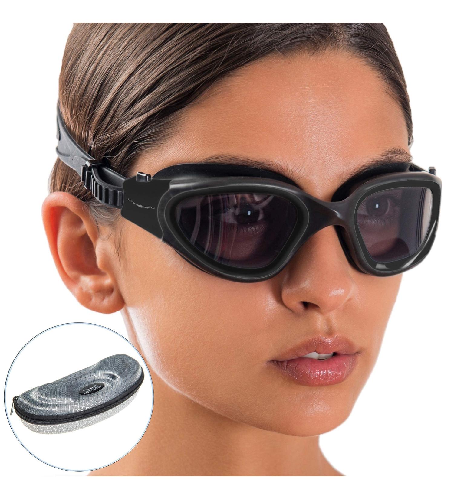 AqtivAqua Wide View Swimming Goggles - All Black Goggles + Silver Case Shade - Buy Online on GoSupps.com