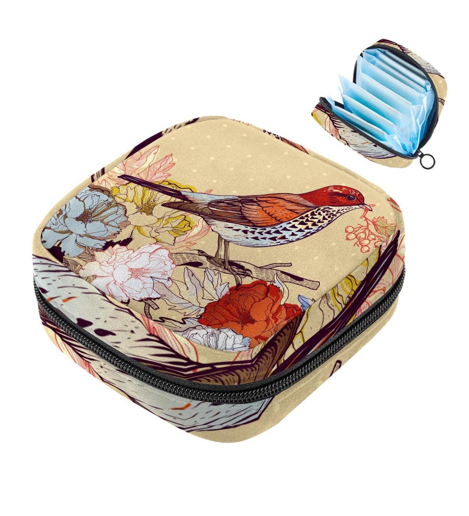 Vintage Spring Birds Menstruation Pad Bag with Zipper - Women's Tampon & Napkin Storage Solution - Buy Online on GoSupps.com