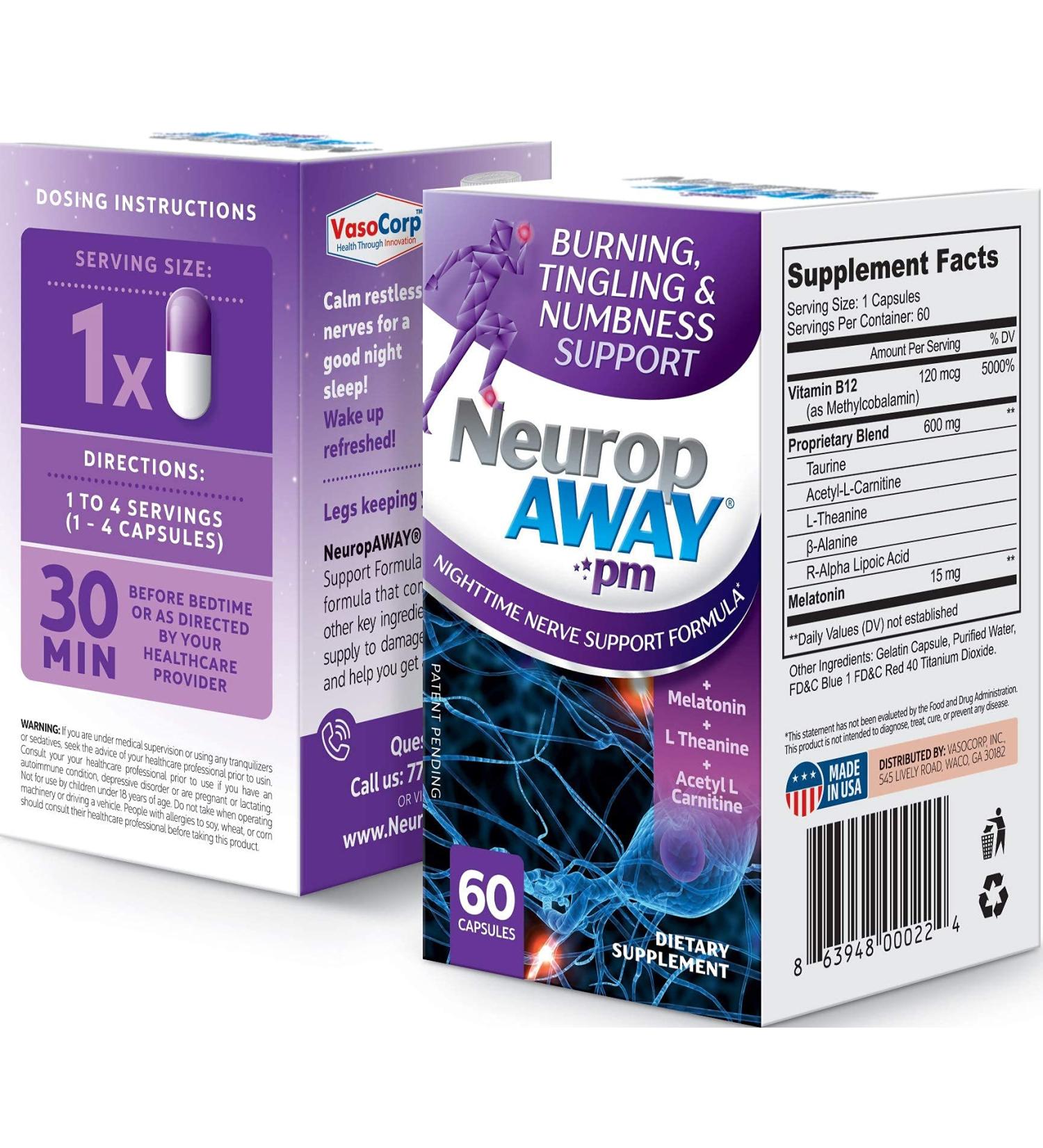 NeuropAWAY PM Nighttime Nerve Support Formula - Relieve Nerve Discomfort & Burning Sensation in Fingers, Hands, Toes & Feet - Patented 60 Capsules - Buy Online on GoSupps.com