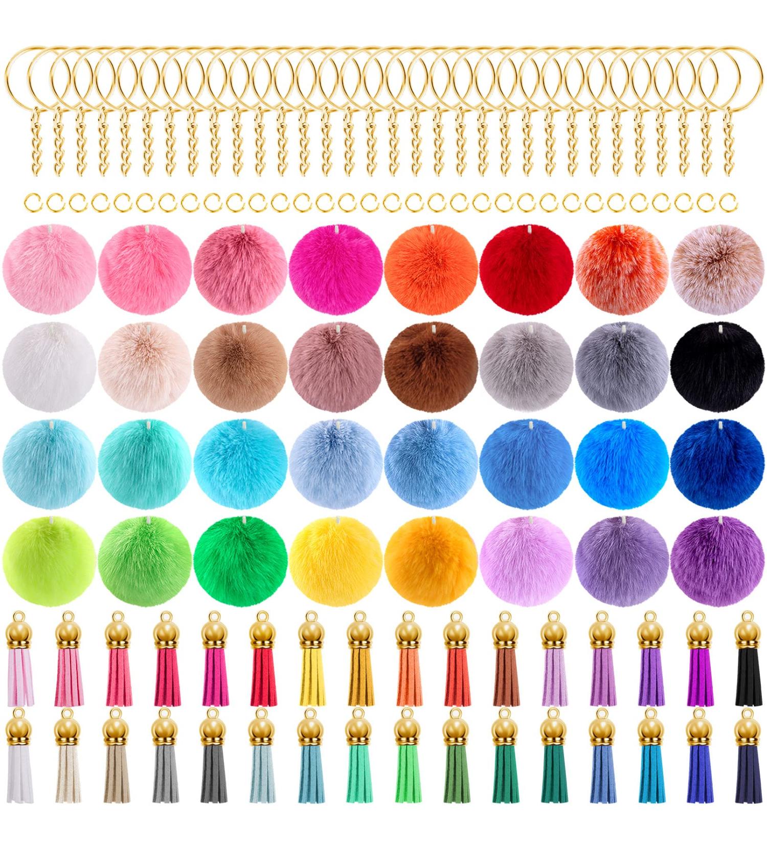BQTQ 160 Pieces Fluffy Pom Pom Keychain Set - Bright Gold Key Ring with Faux Fur Balls for Hats, Shoes and DIY Projects - Buy Online on GoSupps.com